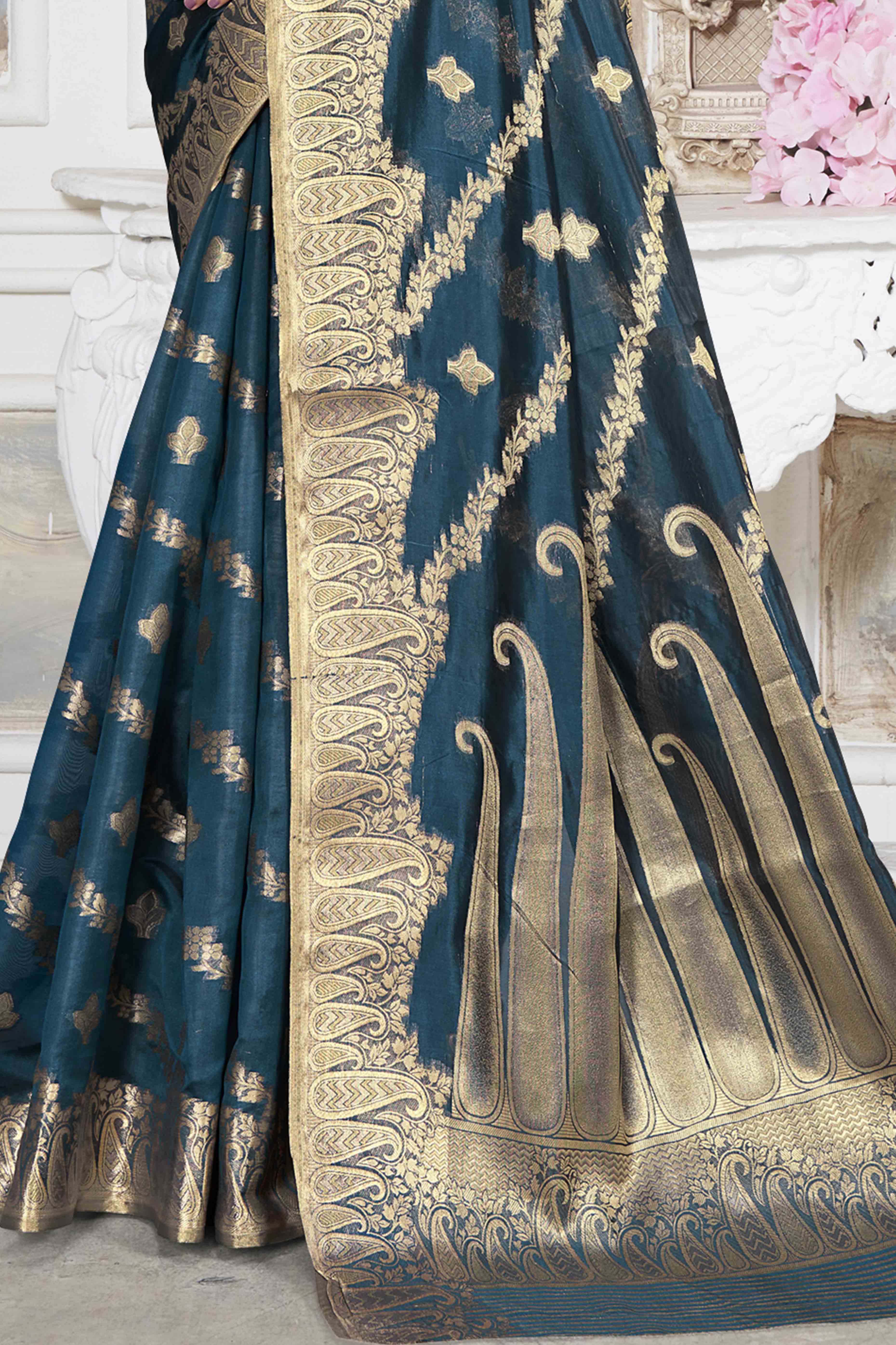Blue Floral With Paisley Pattern Zari Woven Organza Saree