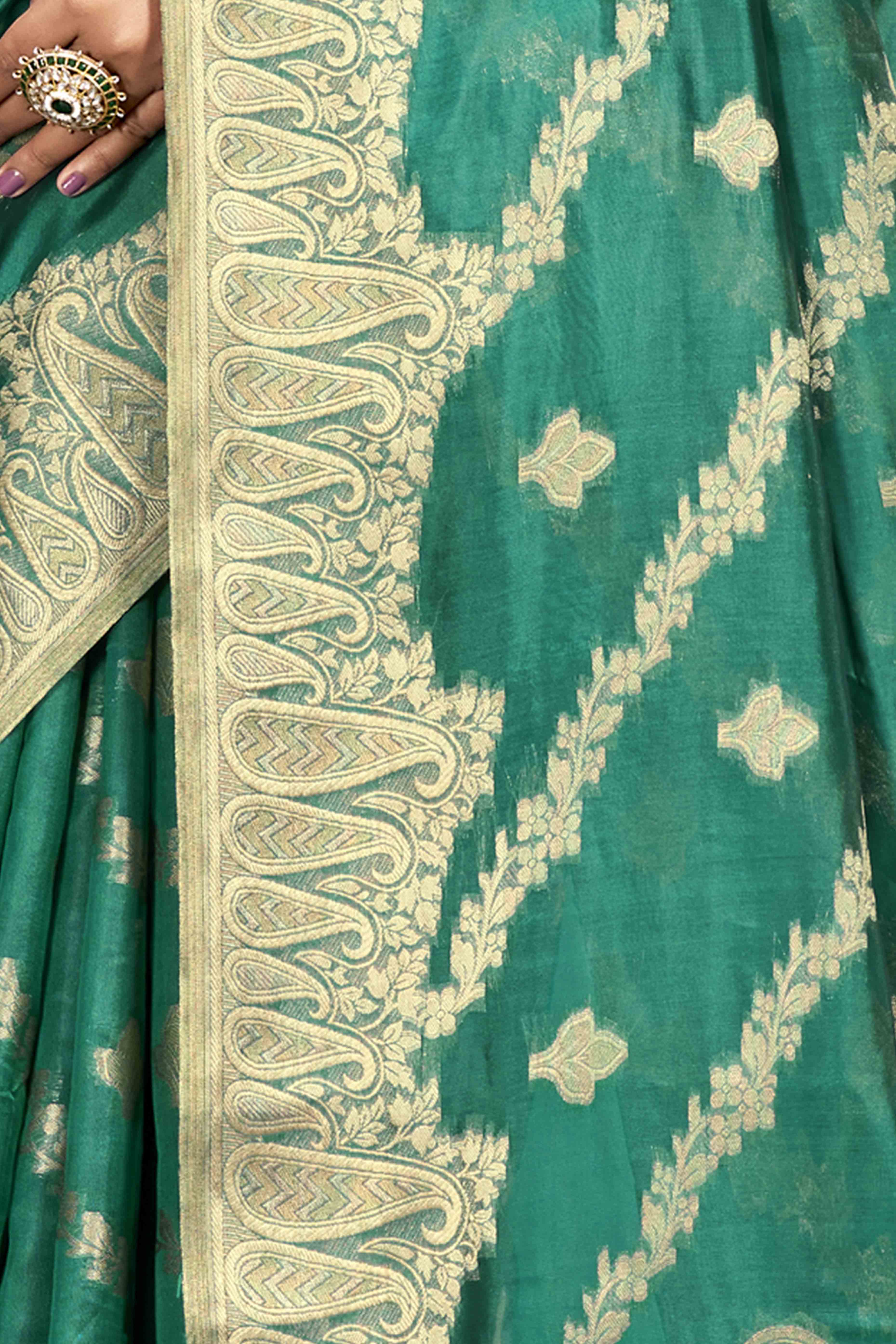 Rama Green Floral With Paisley Pattern Zari Woven Organza Saree
