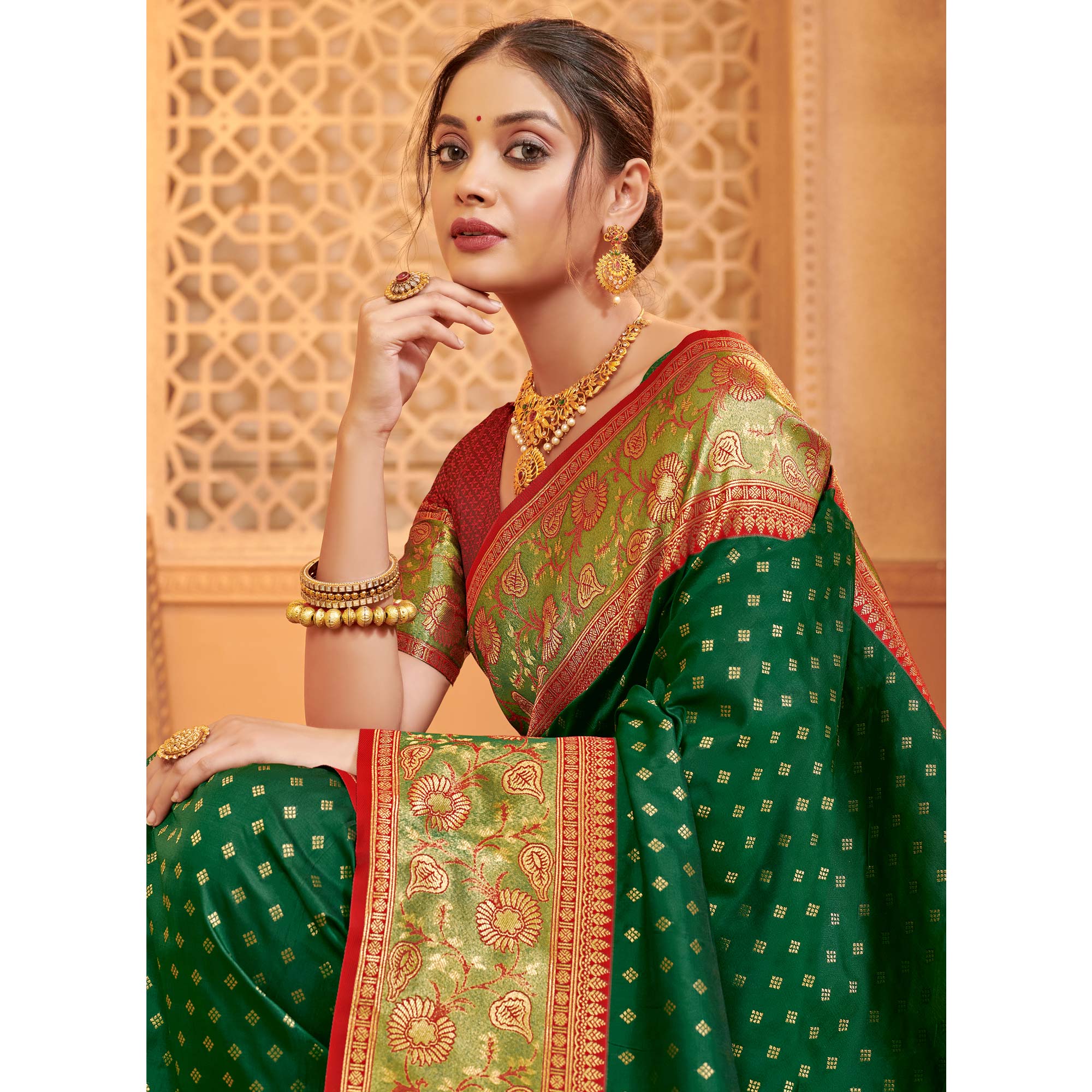 Green Floral Woven Banarasi Silk Saree With Tassels