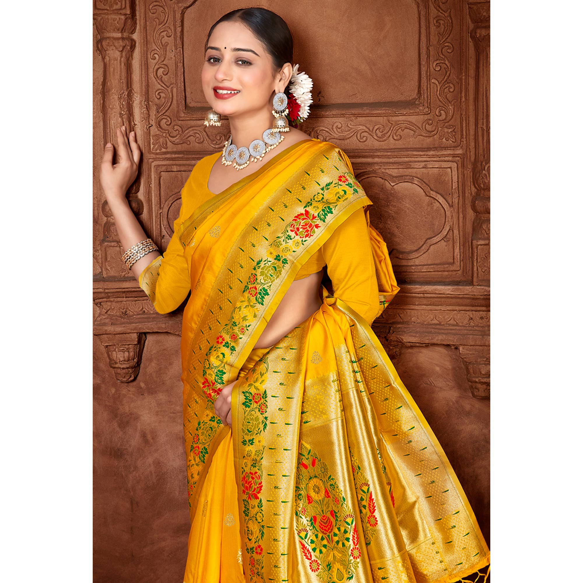 Yellow Woven Paithani Banarasi Silk Saree With Tassels
