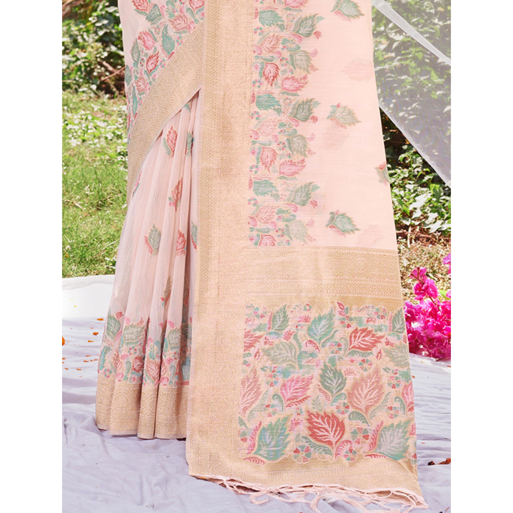 Pink Floral Woven Cotton Silk Saree With Tassels