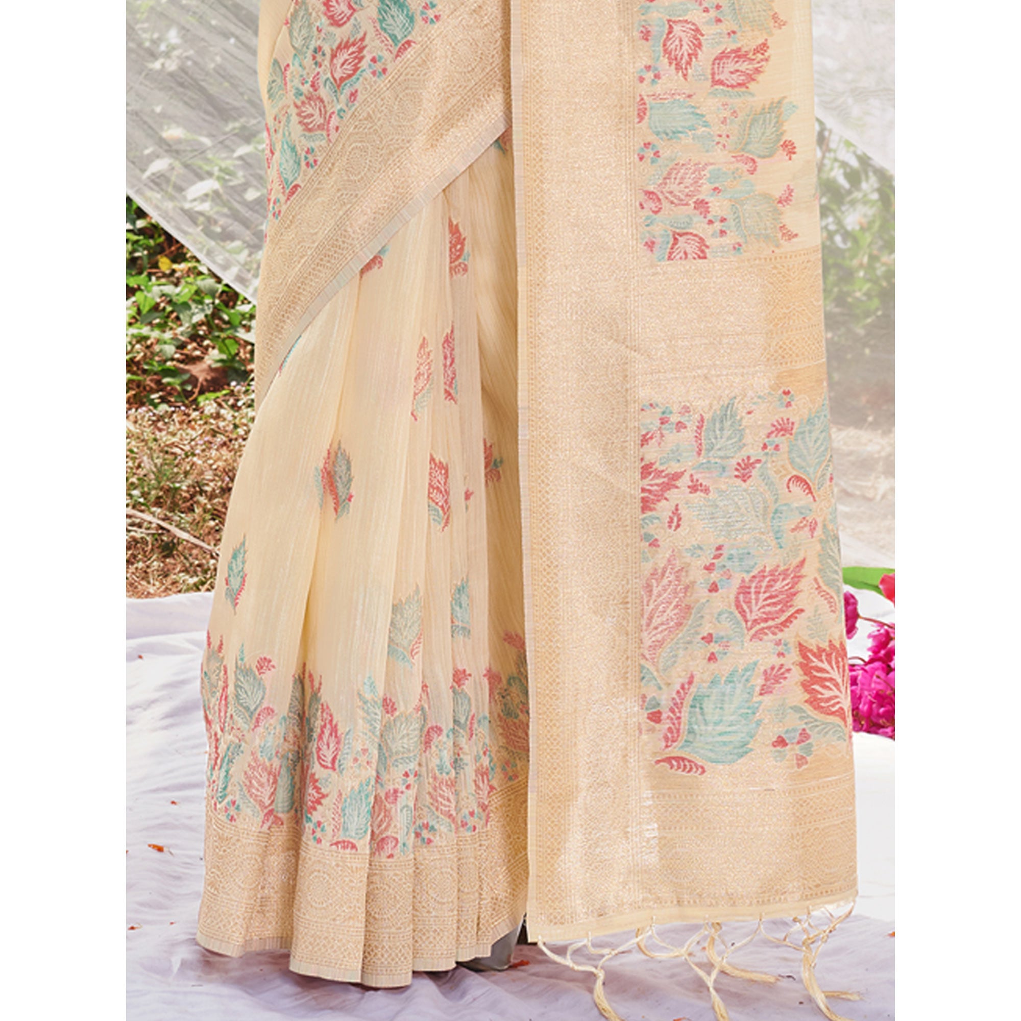 Beige Floral Woven Cotton Silk Saree With Tassels