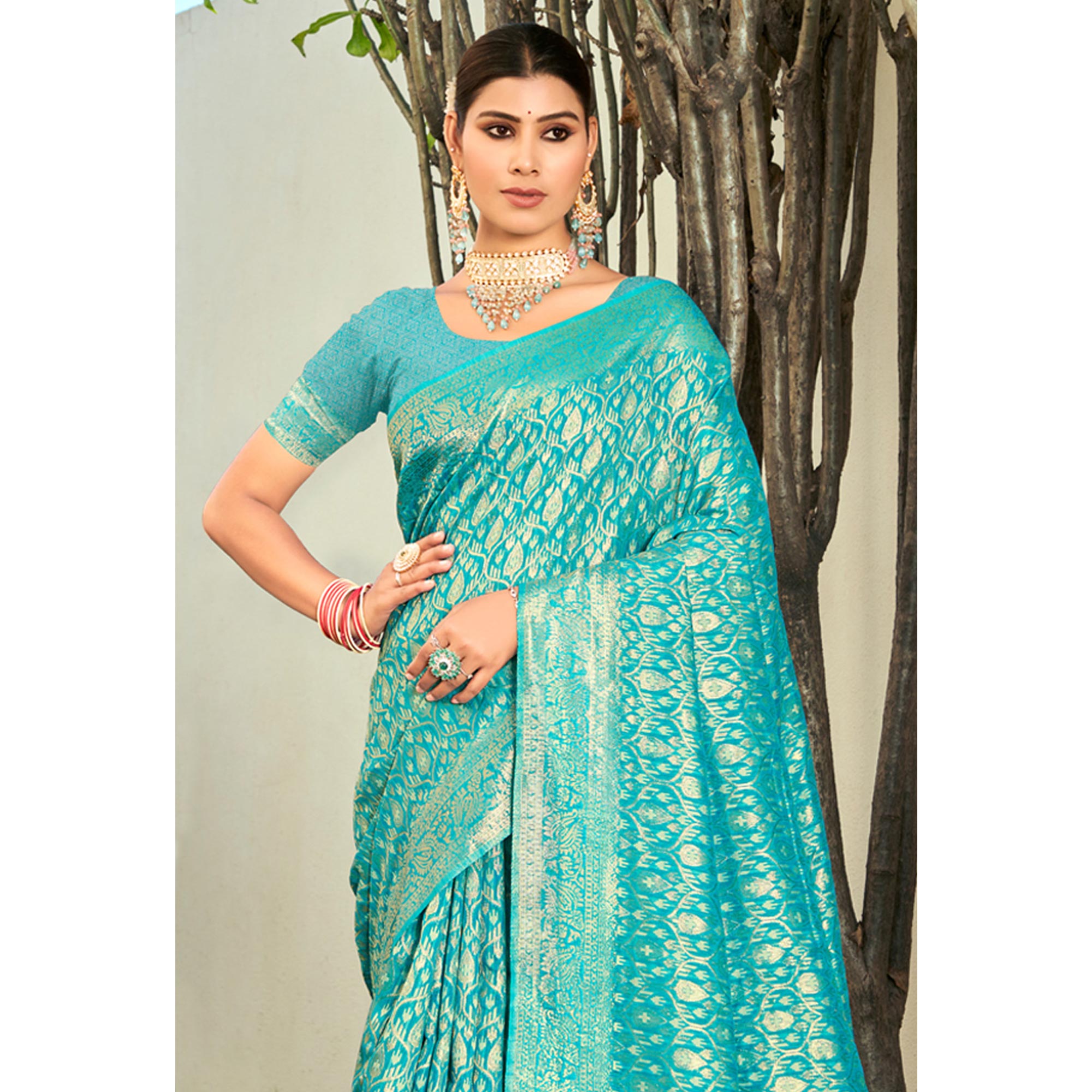 Blue Floral Woven Cotton Blend Saree With Tassels