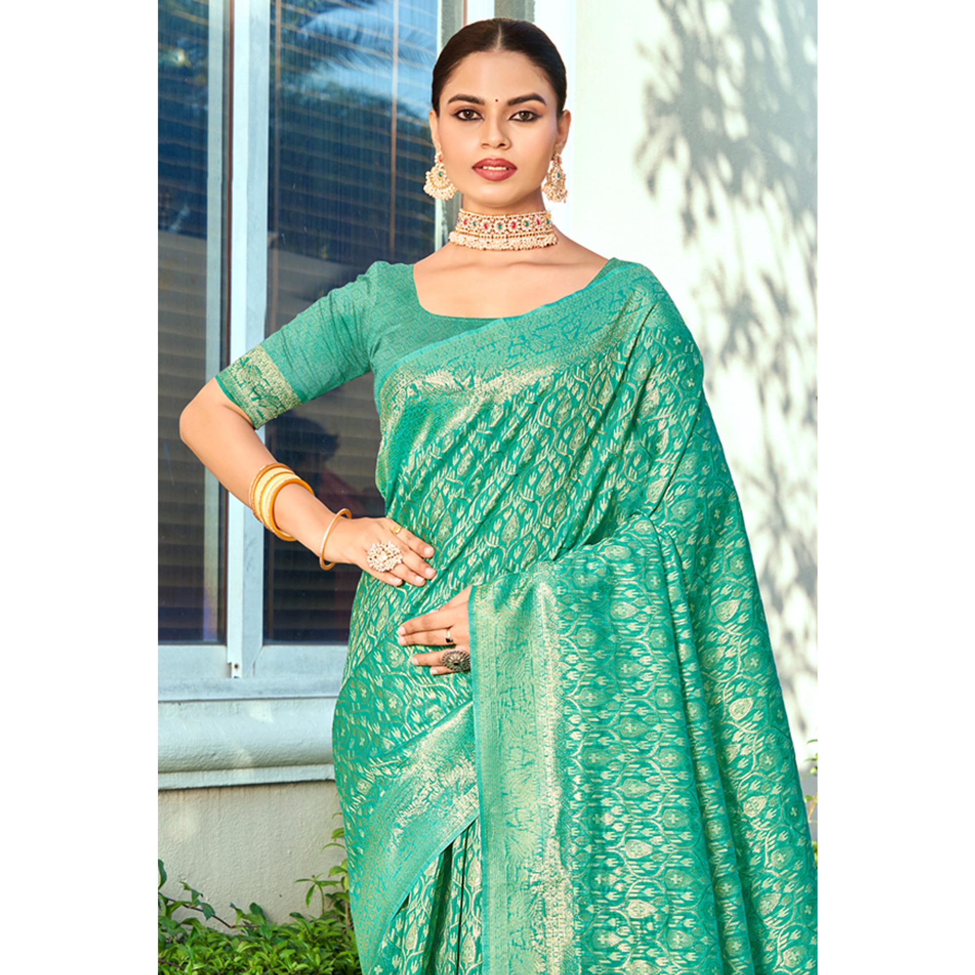Sea Green Floral Woven Cotton Blend Saree With Tassels