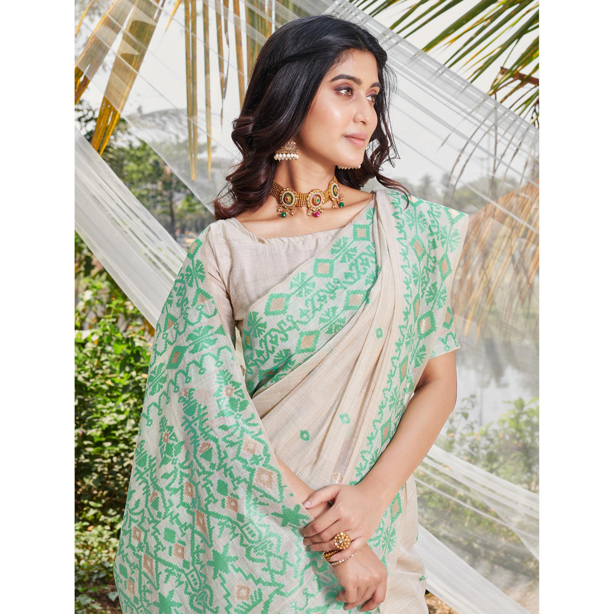 Off White & Green Woven Cotton Silk Saree With Tassels
