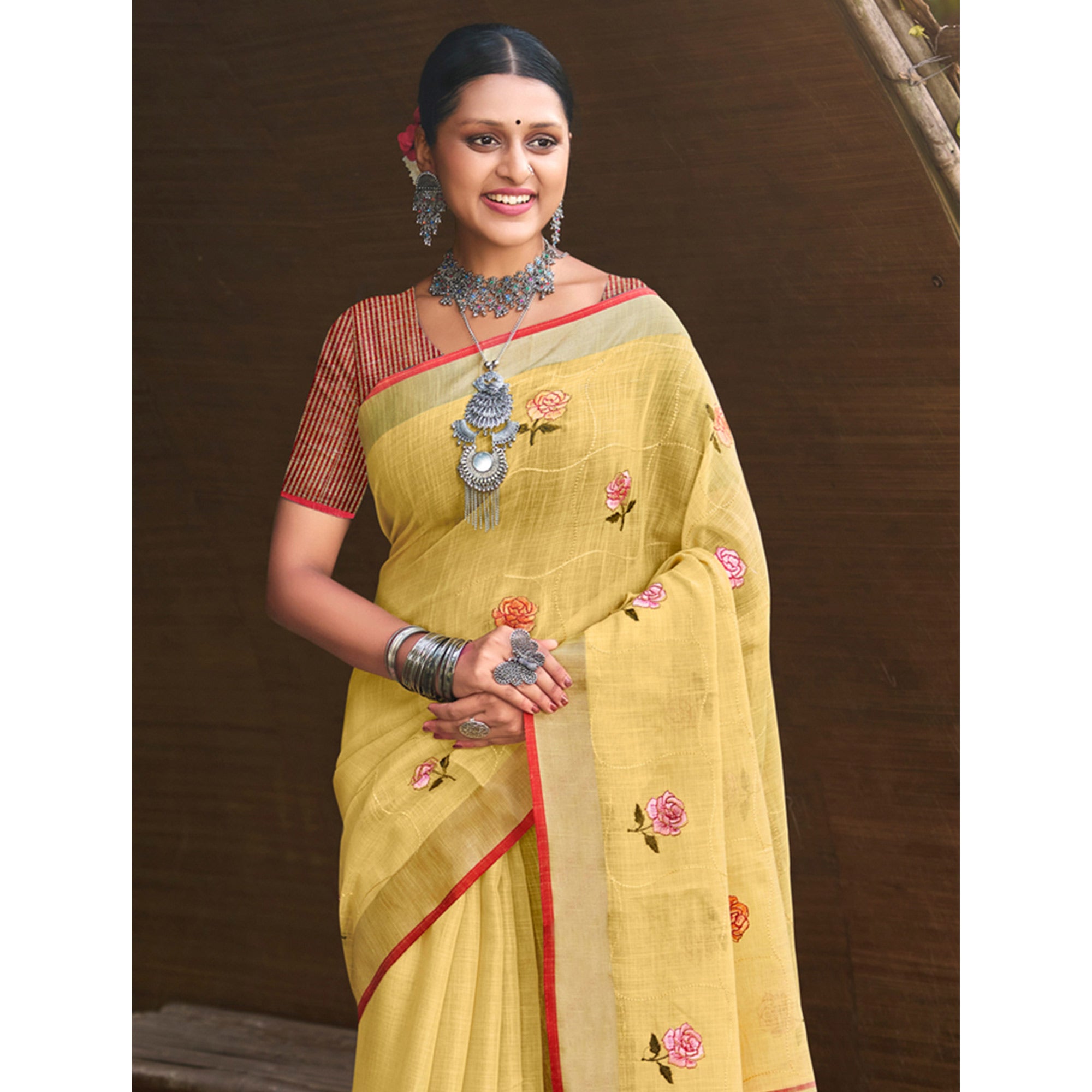 Yellow Floral Embroidered Linen Saree With Tassels