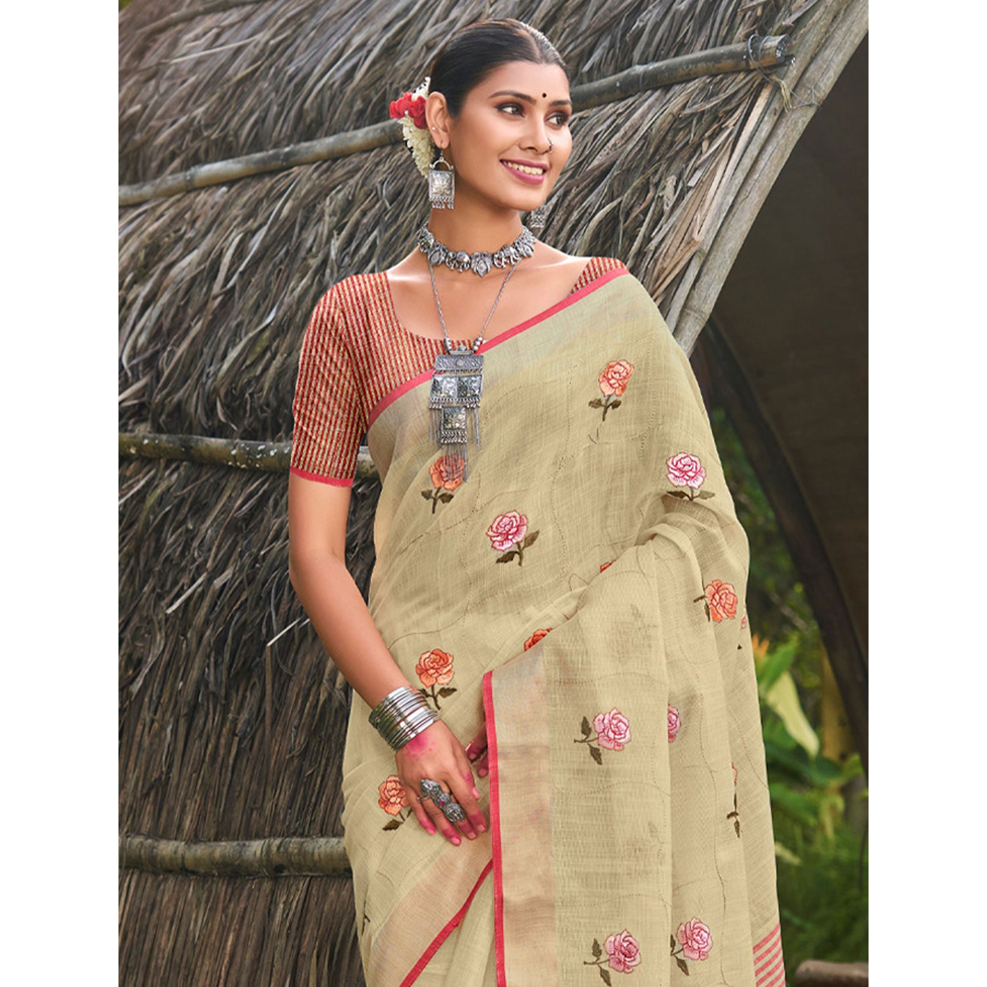 Beige Floral Embroidered Linen Saree With Tassels