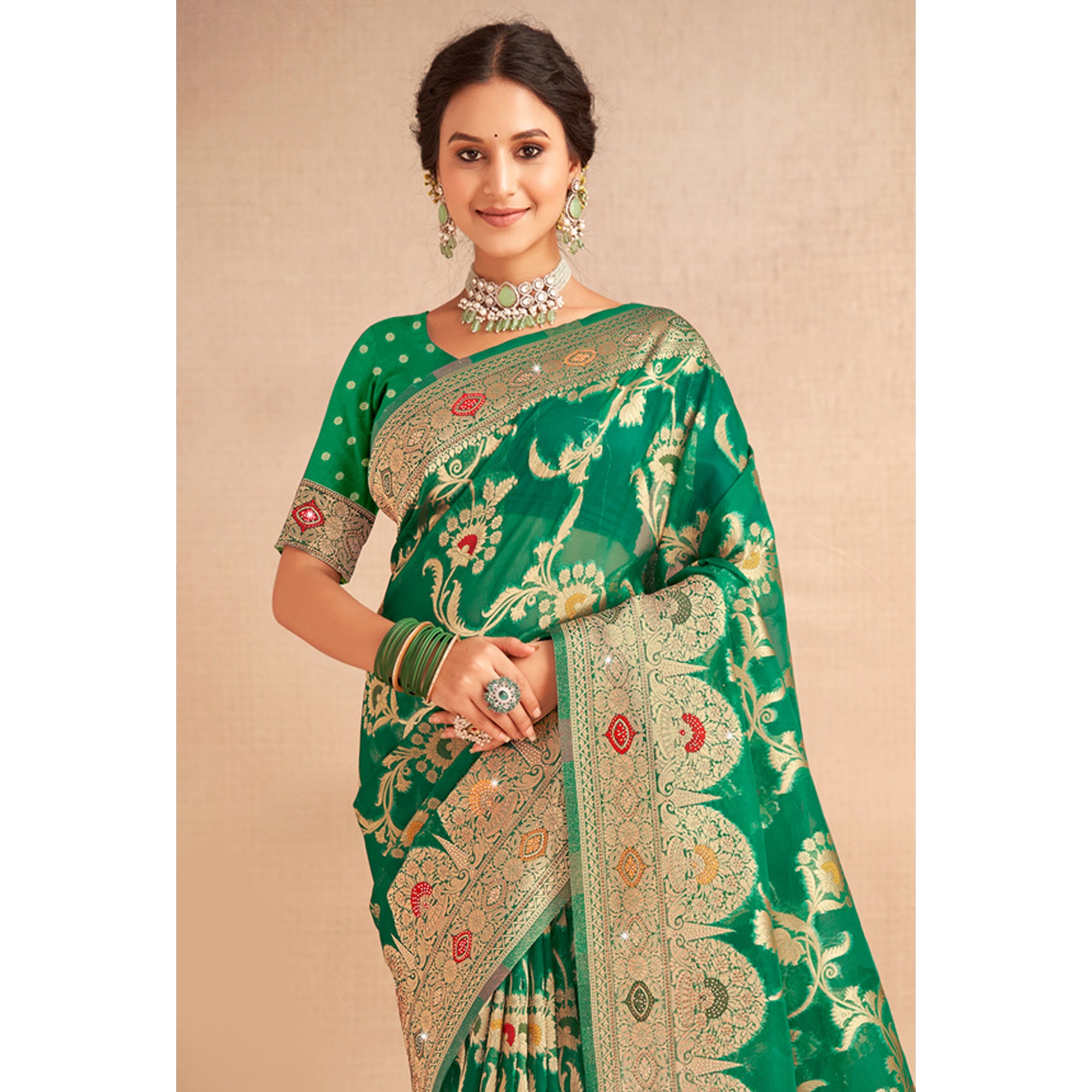 Green Woven Organza Saree With Tassels