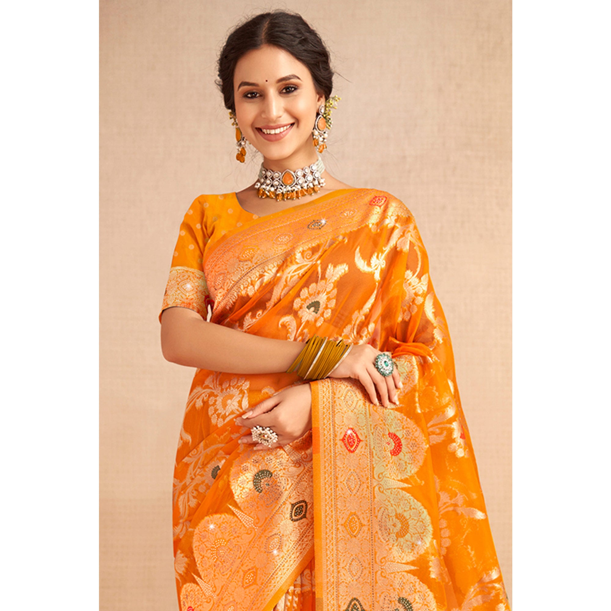 Mustard Woven Organza Saree With Tassels