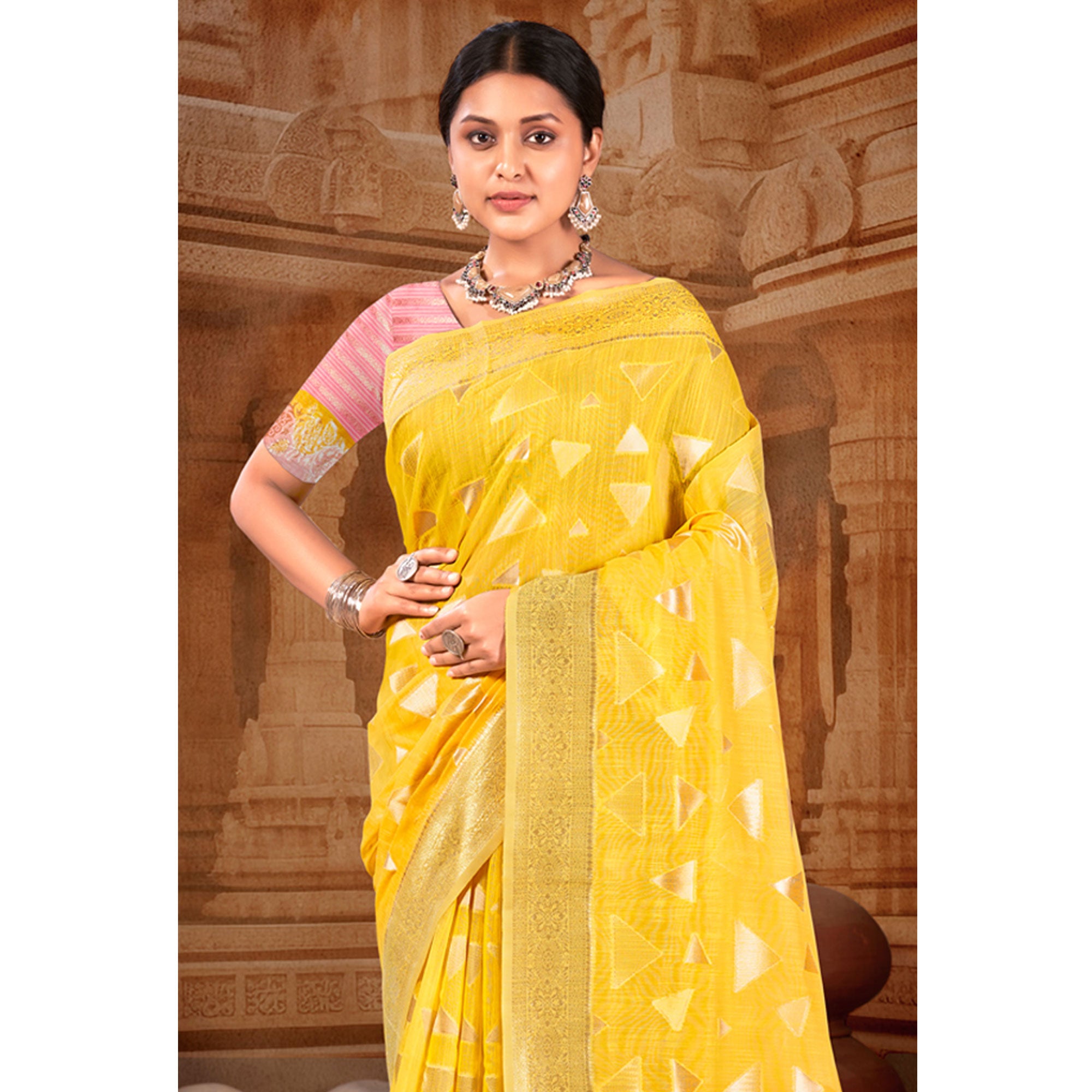 Yellow Woven Linen Saree With Tassels