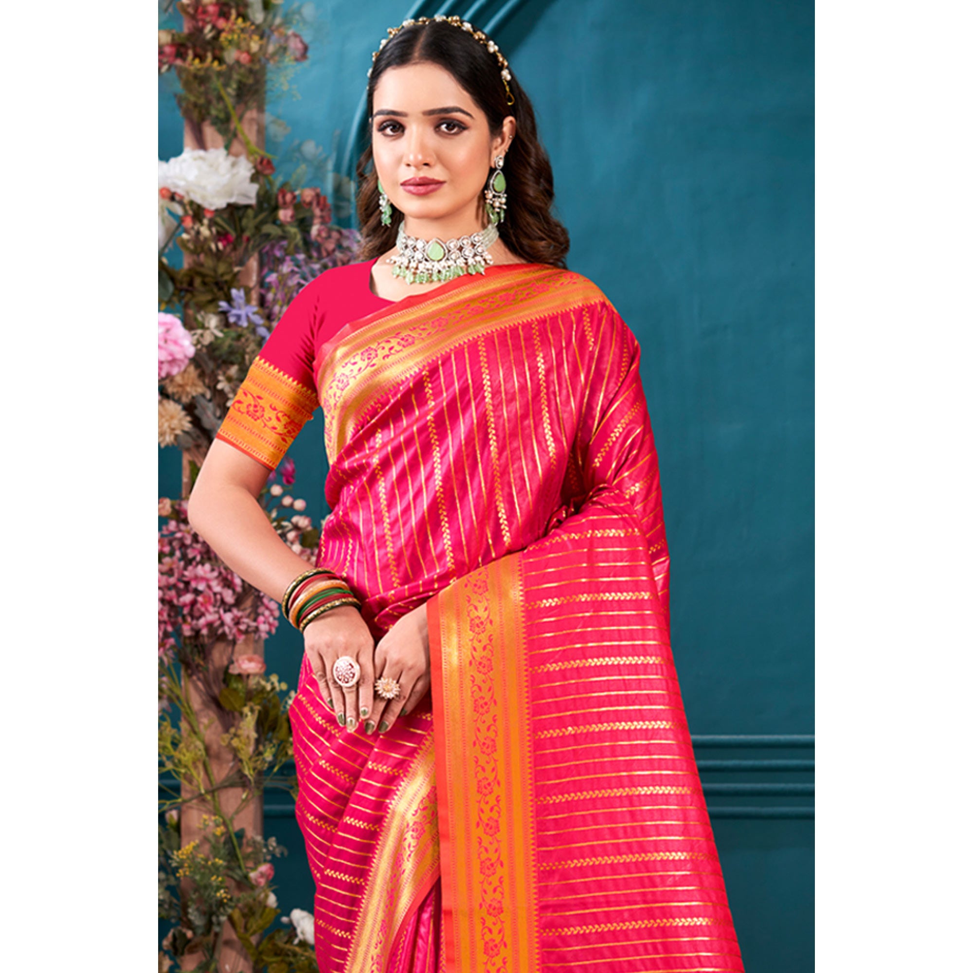 Pink Woven Paithani Raw Silk Saree With Tassels