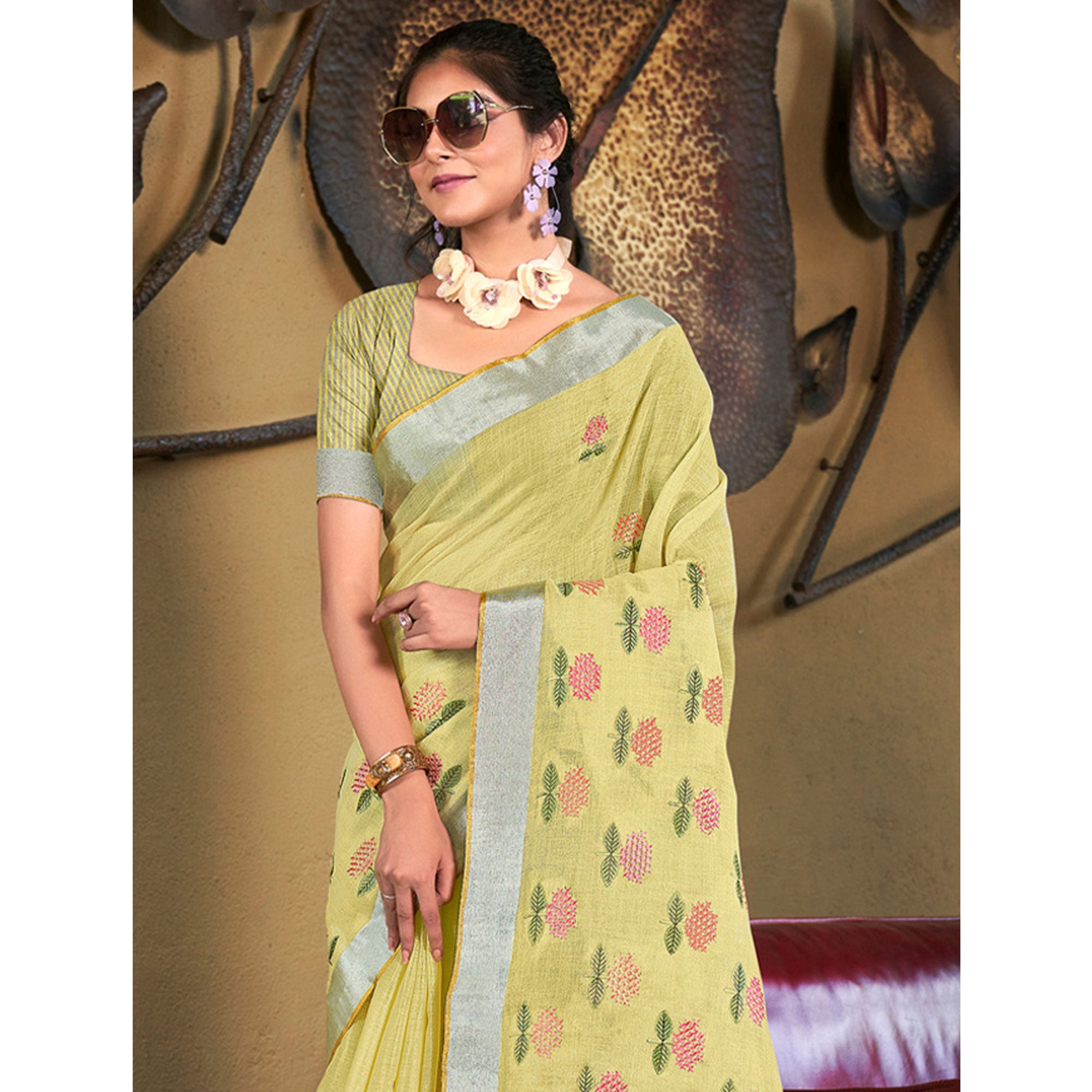 Yellow Floral Embroidered Linen Saree With Tassels
