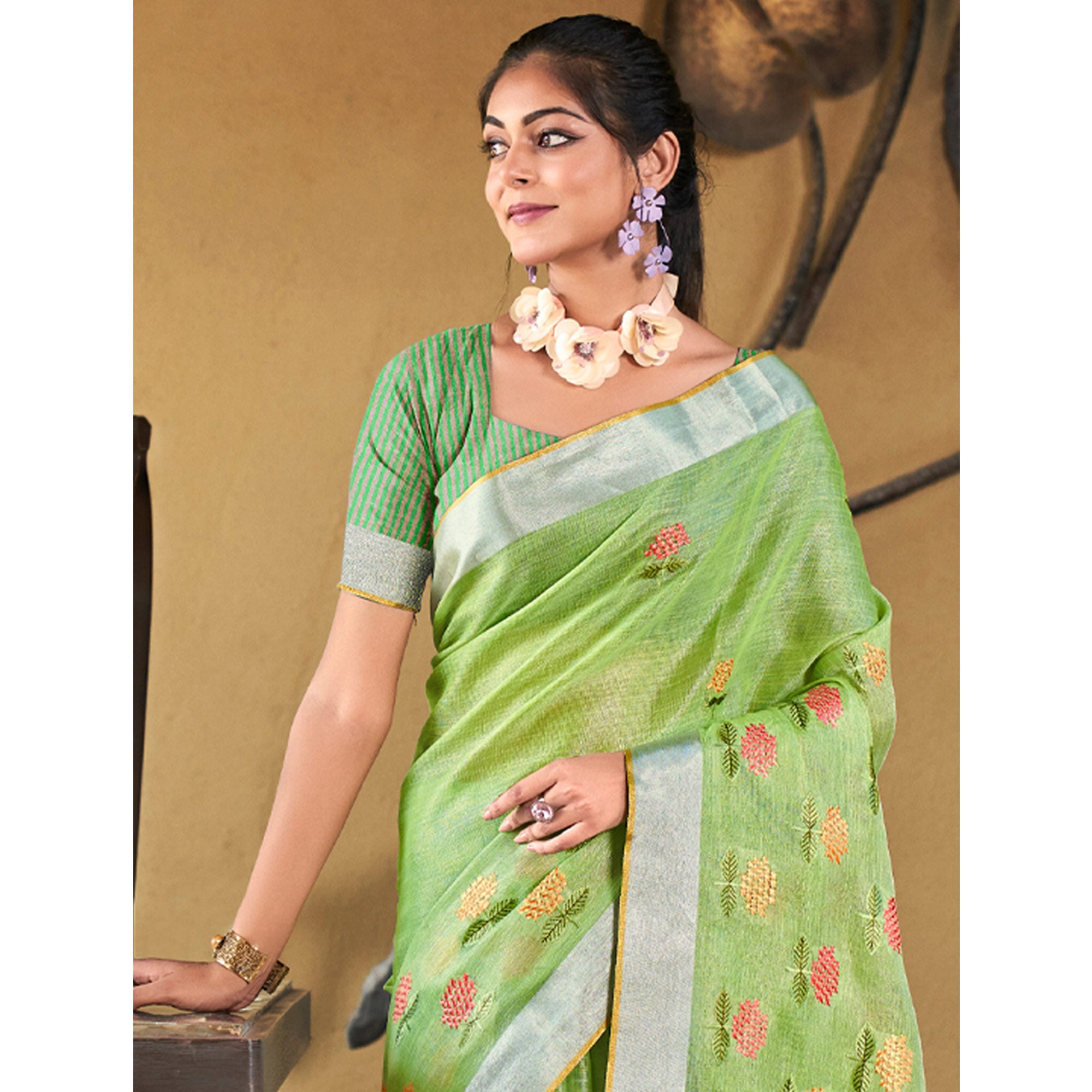Green Floral Embroidered Linen Saree With Tassels