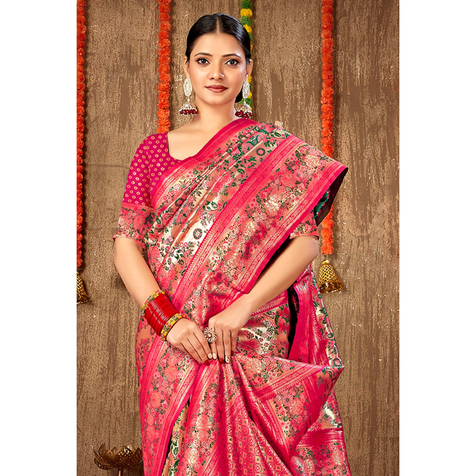 Pink Floral Woven Banarasi Silk Saree