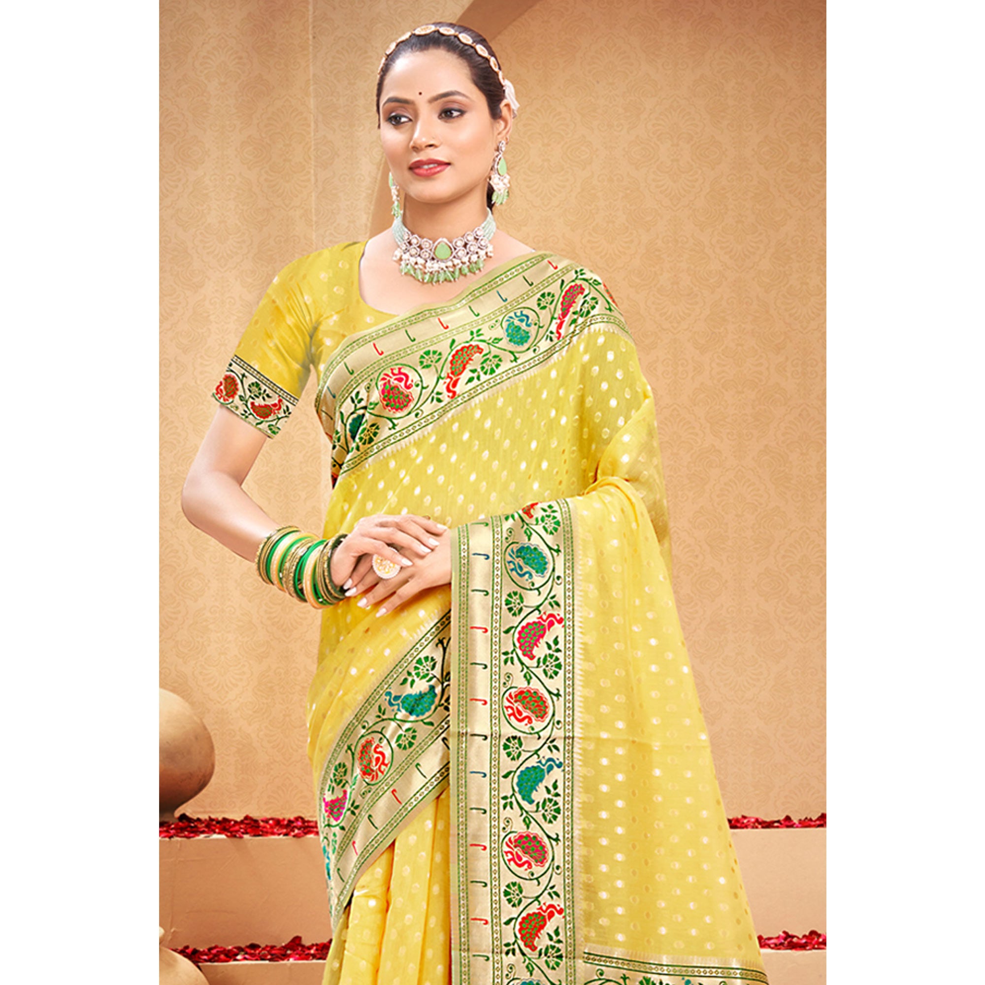 Yellow Floral Woven Cotton Blend Saree With Tassels