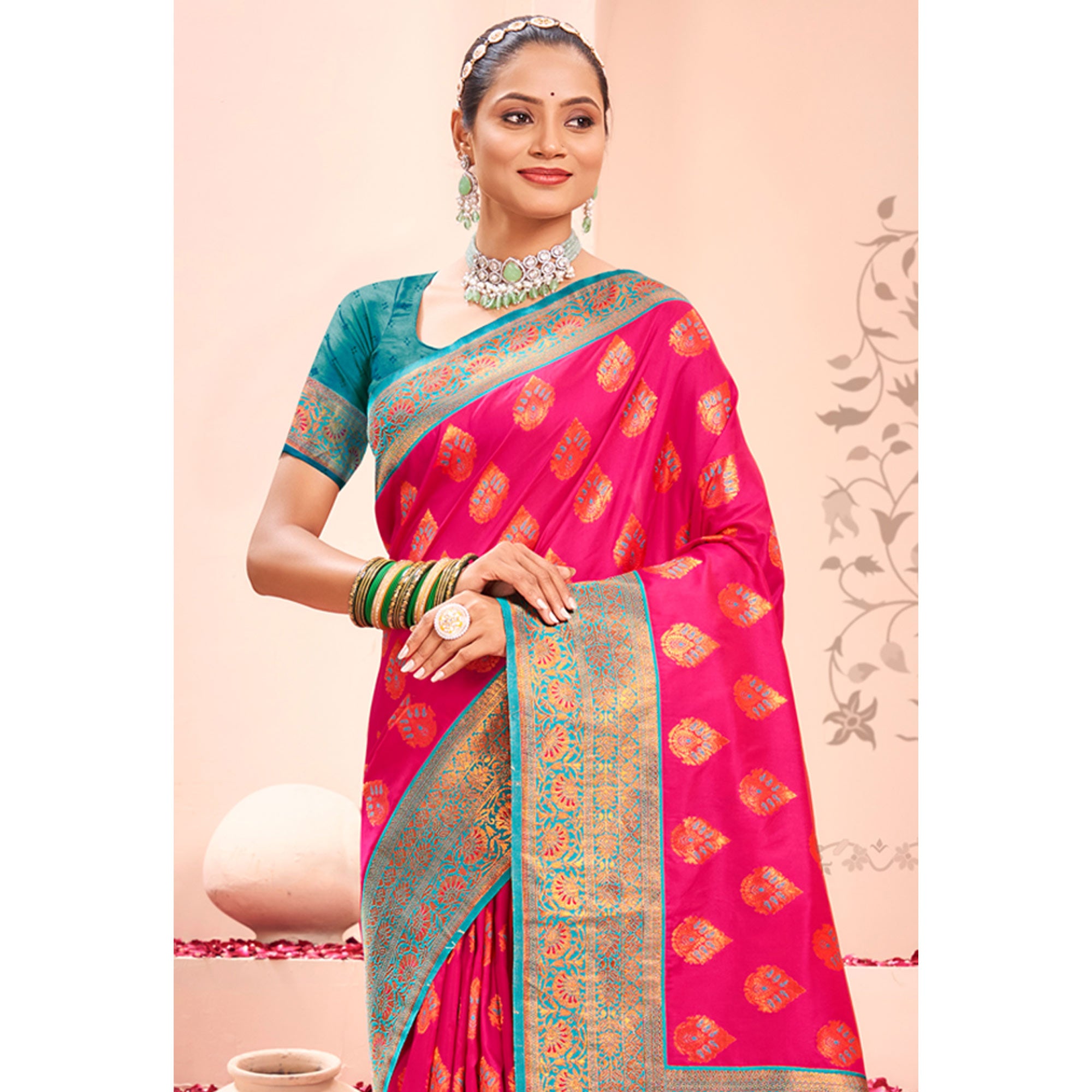Pink Floral Woven Kanjivaram Silk Saree With Tassels