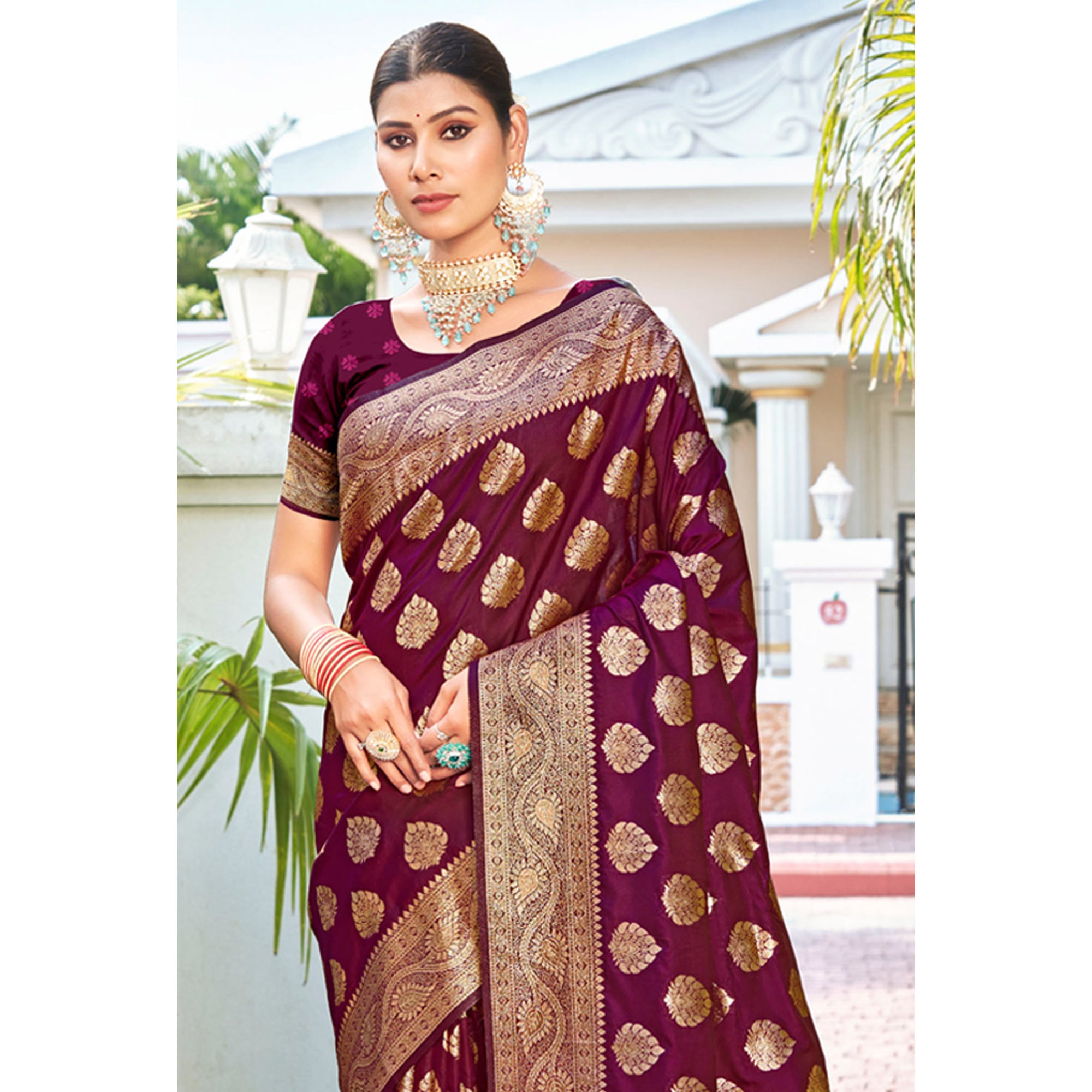 Purple Floral Woven Banarasi Silk Saree