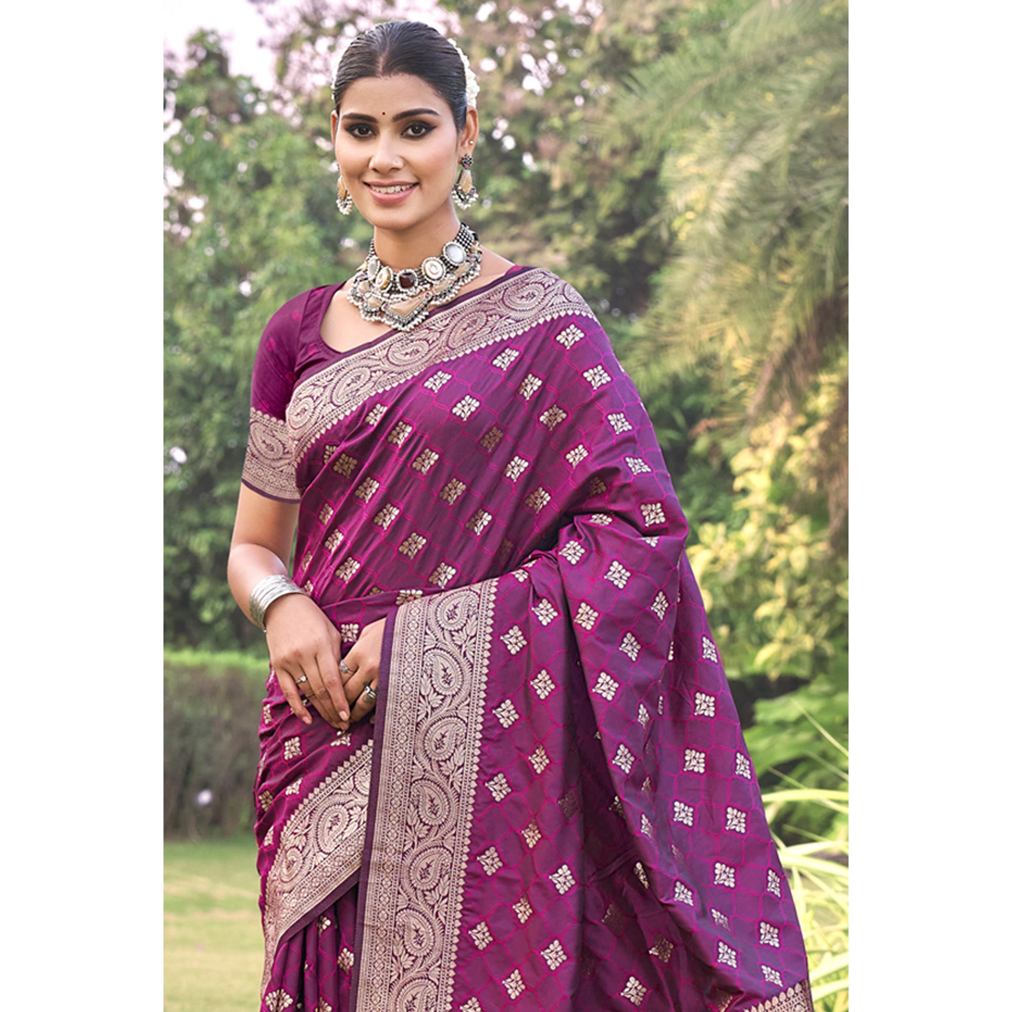 Purple Floral Woven Kanjivaram Silk Saree With Tassels