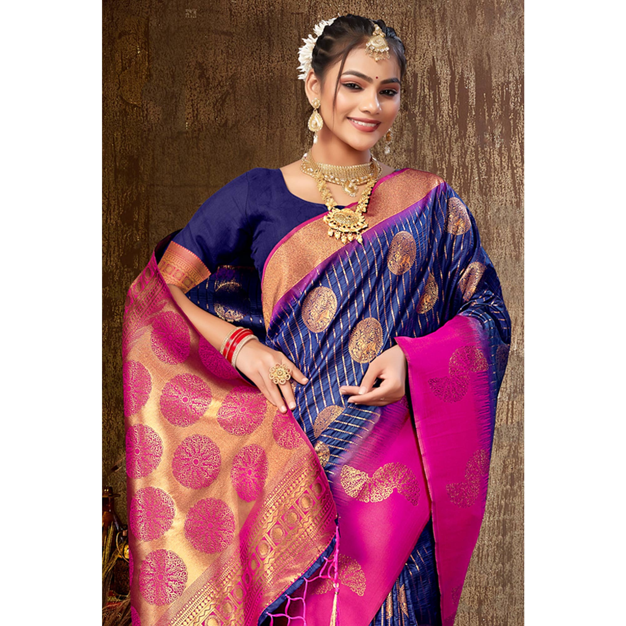 Blue Woven Banarasi Silk Saree With Tassels