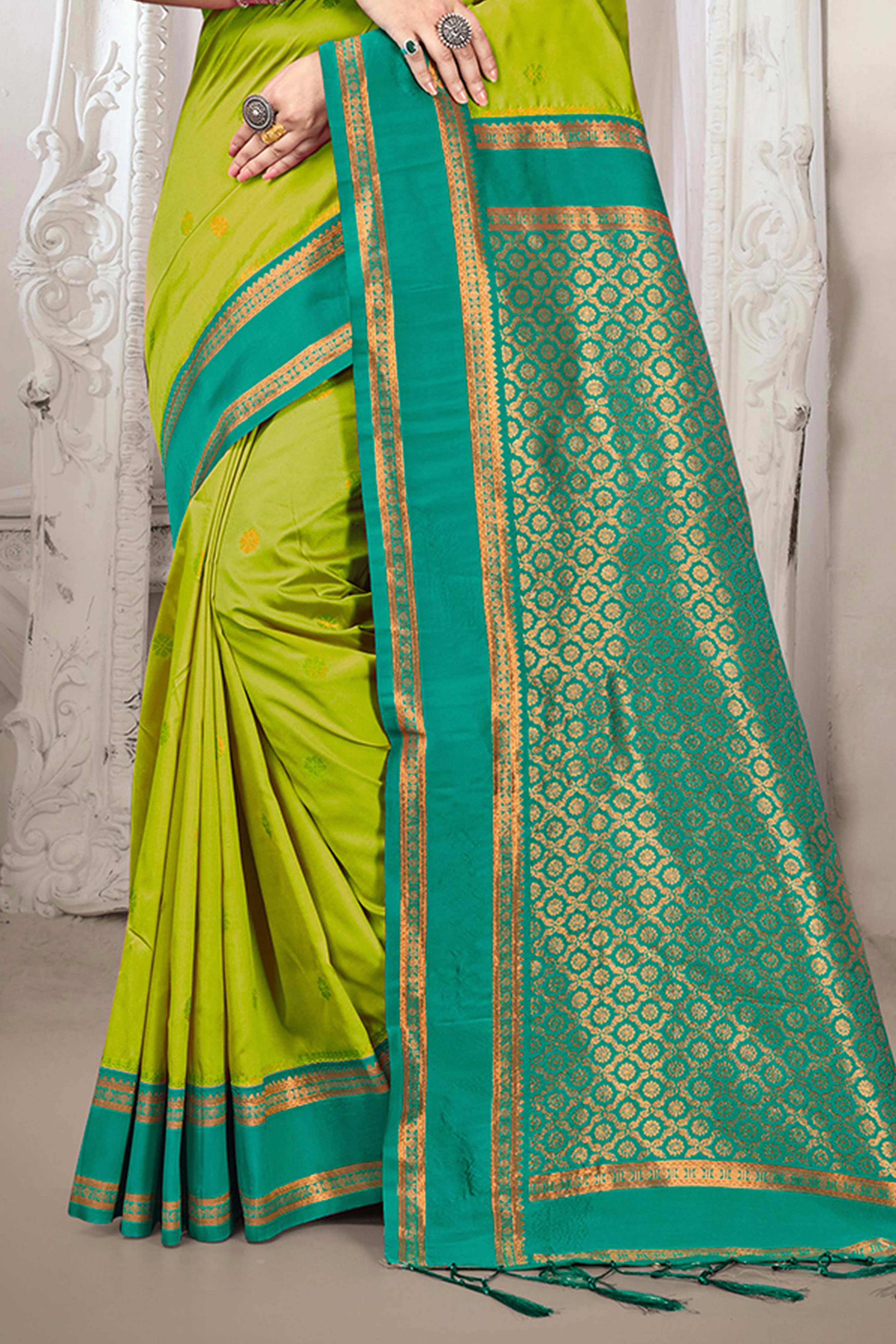 Classic Parrot Green Floral Motif Weaving Silk Blend Saree With Tassel Pallu