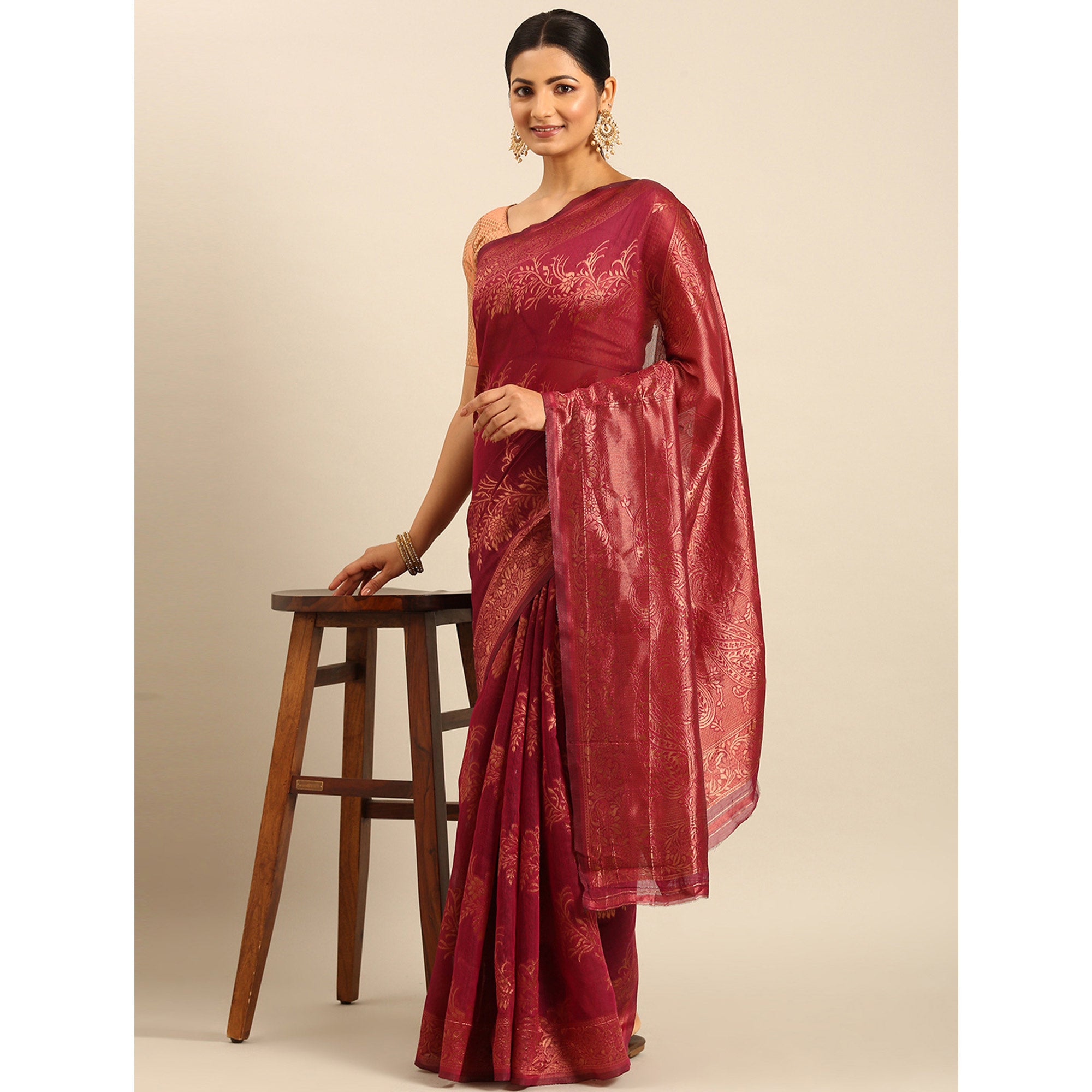 Magenta Floral Woven Cotton Silk Saree