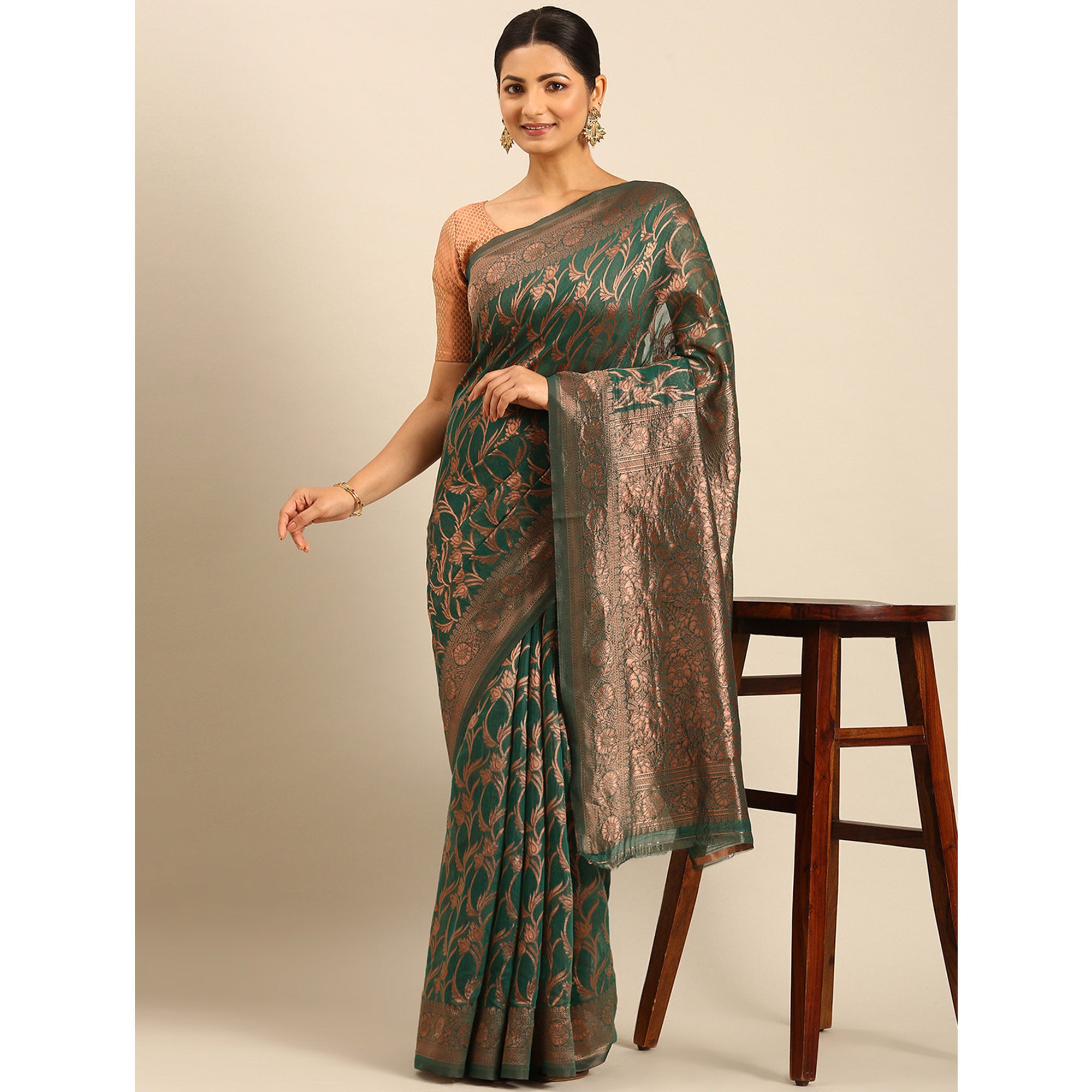 Rama Green Floral Woven Cotton Silk Saree