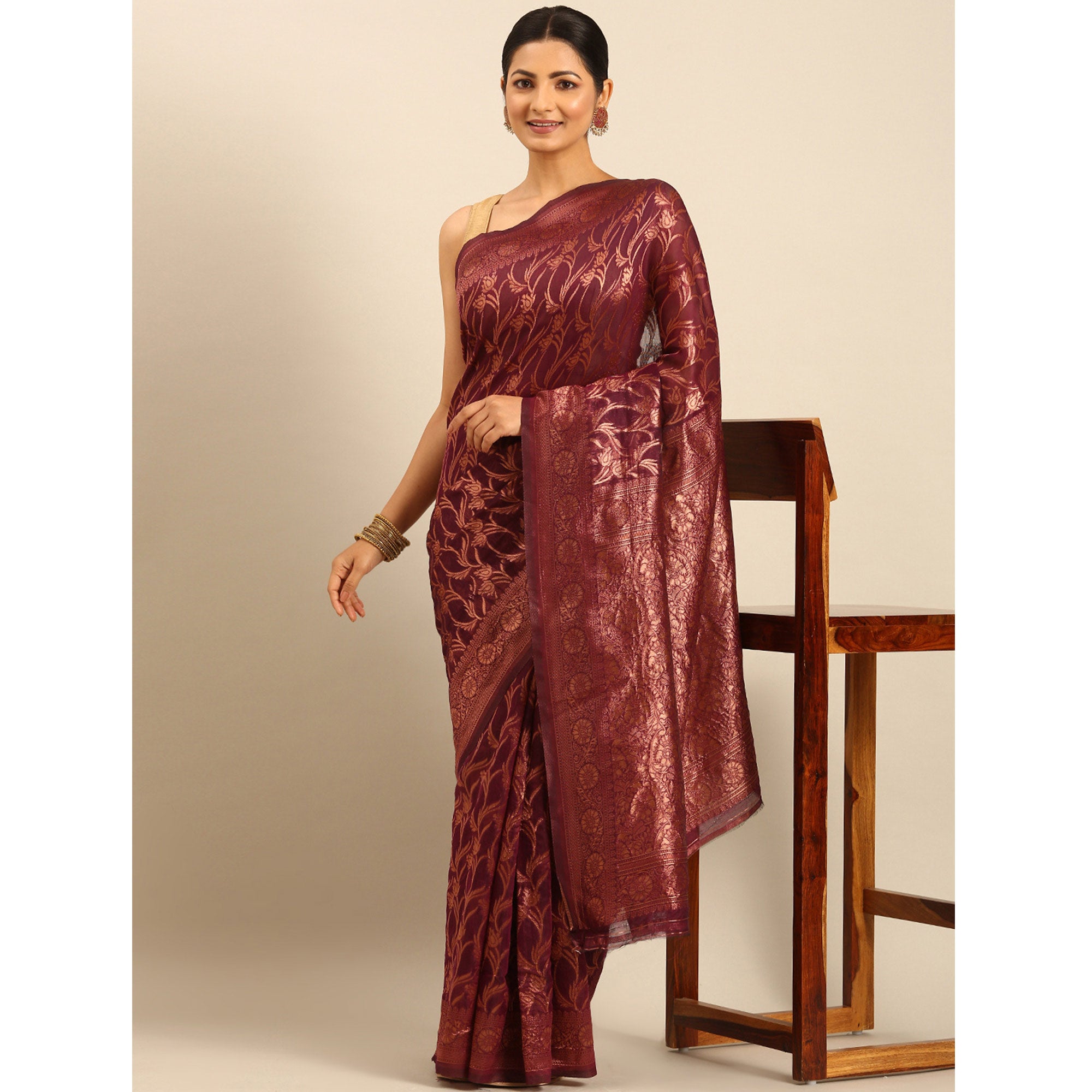 Wine Floral Woven Cotton Silk Saree