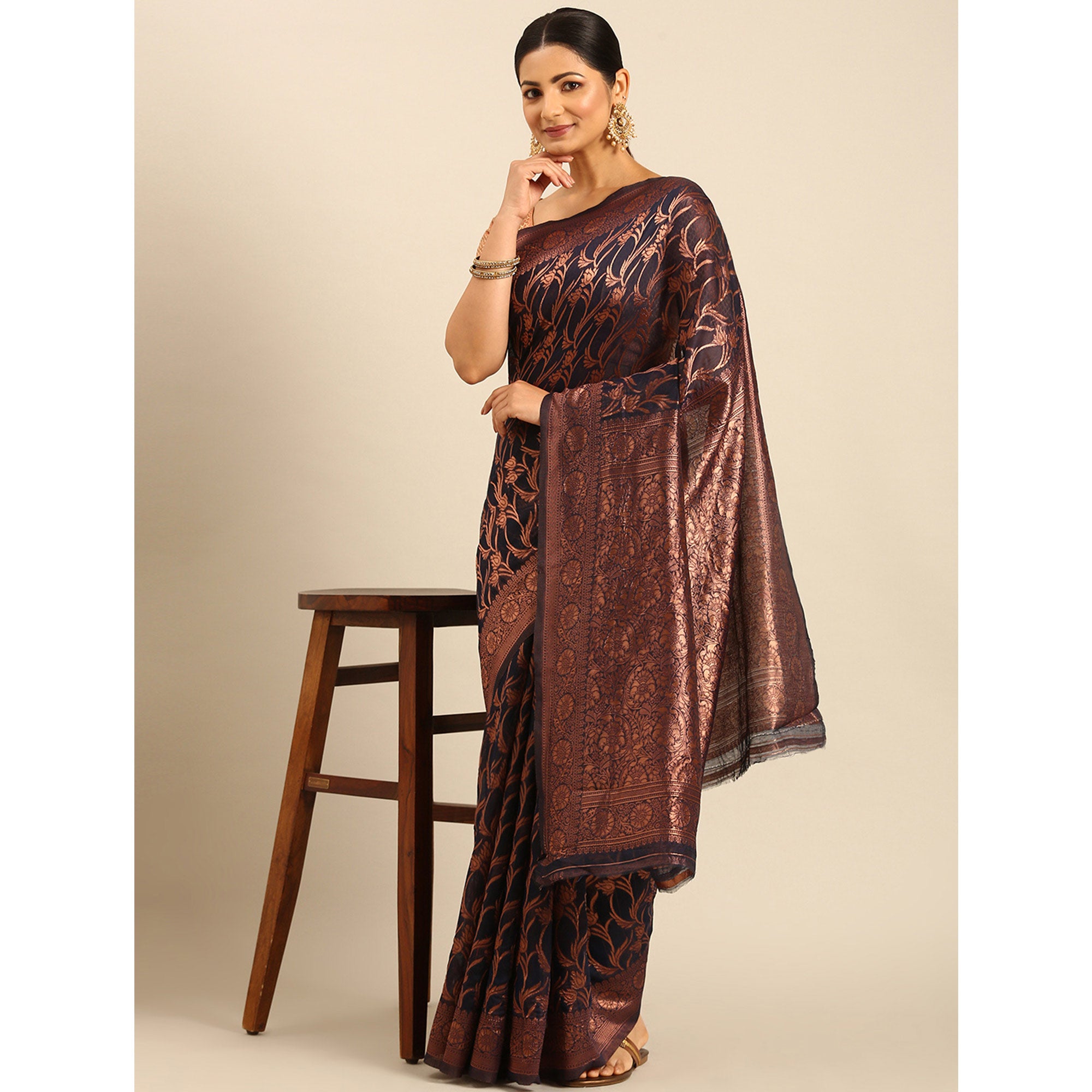 Navy Blue Floral Woven Cotton Silk Saree