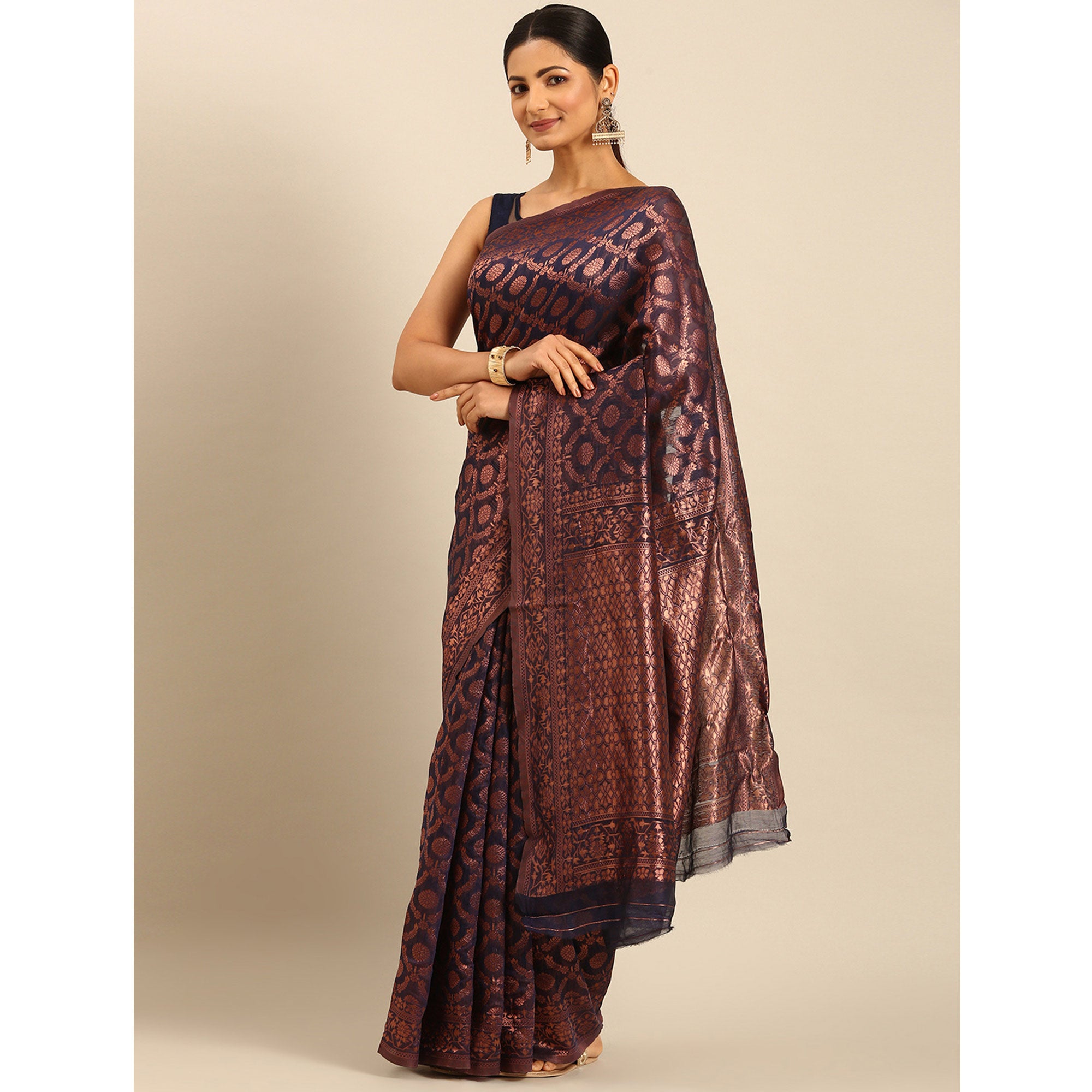 Navy Blue Floral Woven Cotton Silk Saree