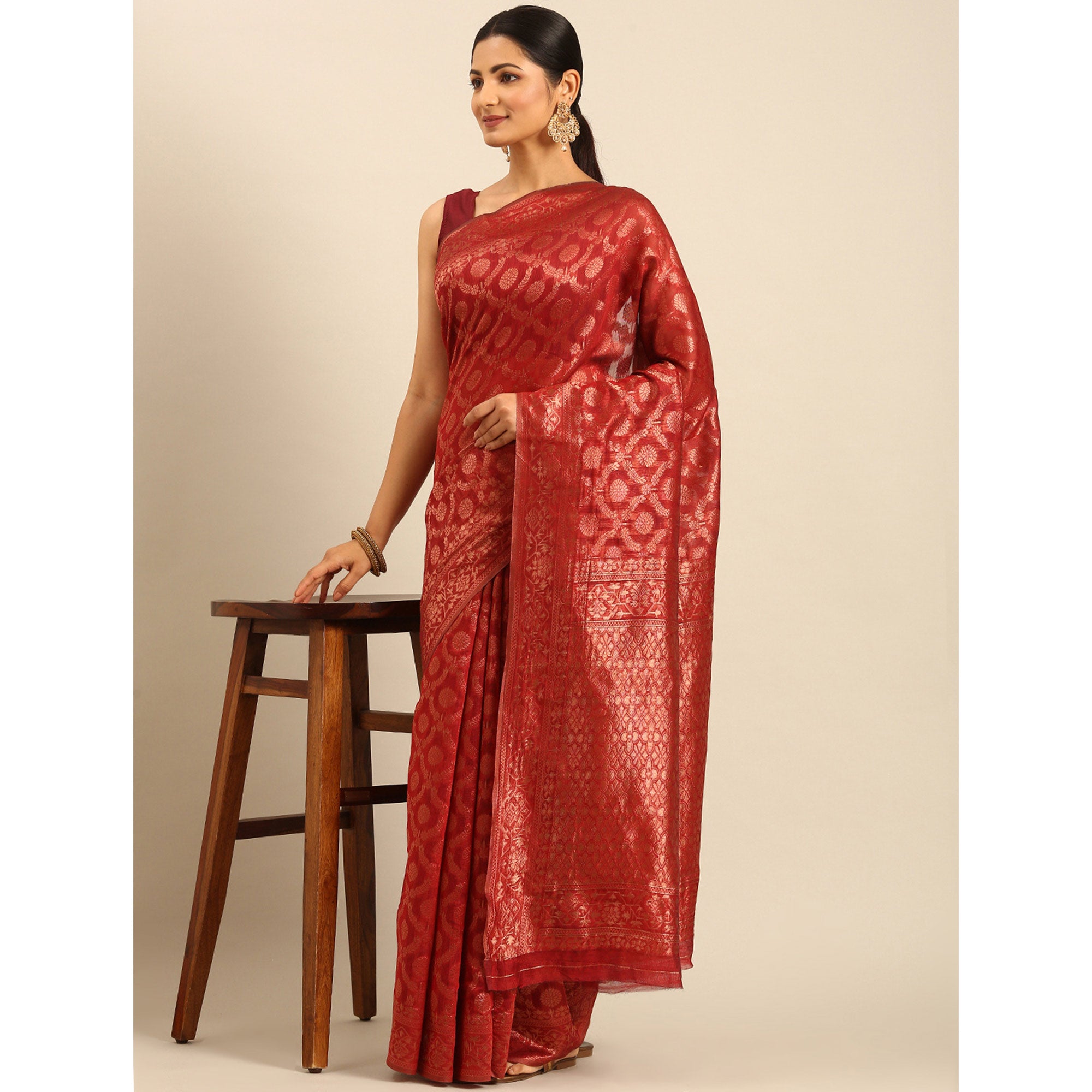 Red Floral Woven Cotton Silk Saree