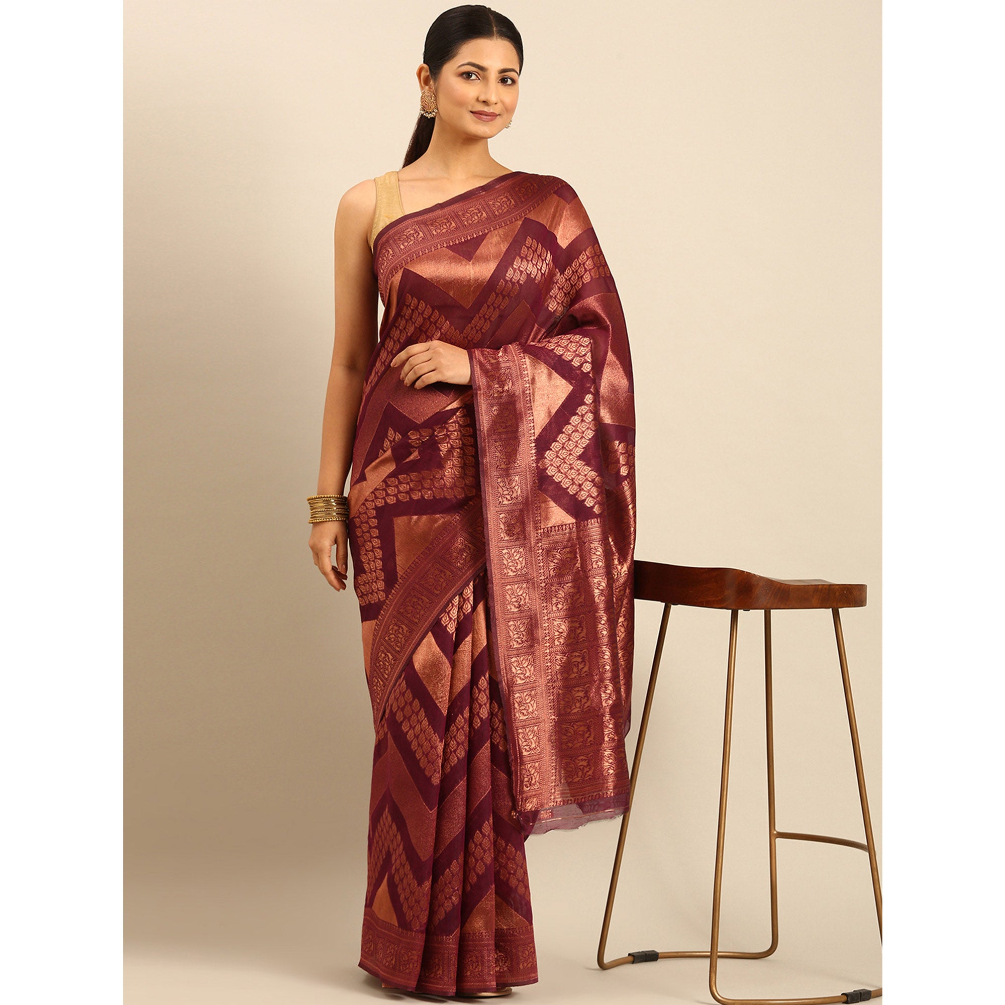 Wine Floral Woven Cotton Silk Saree