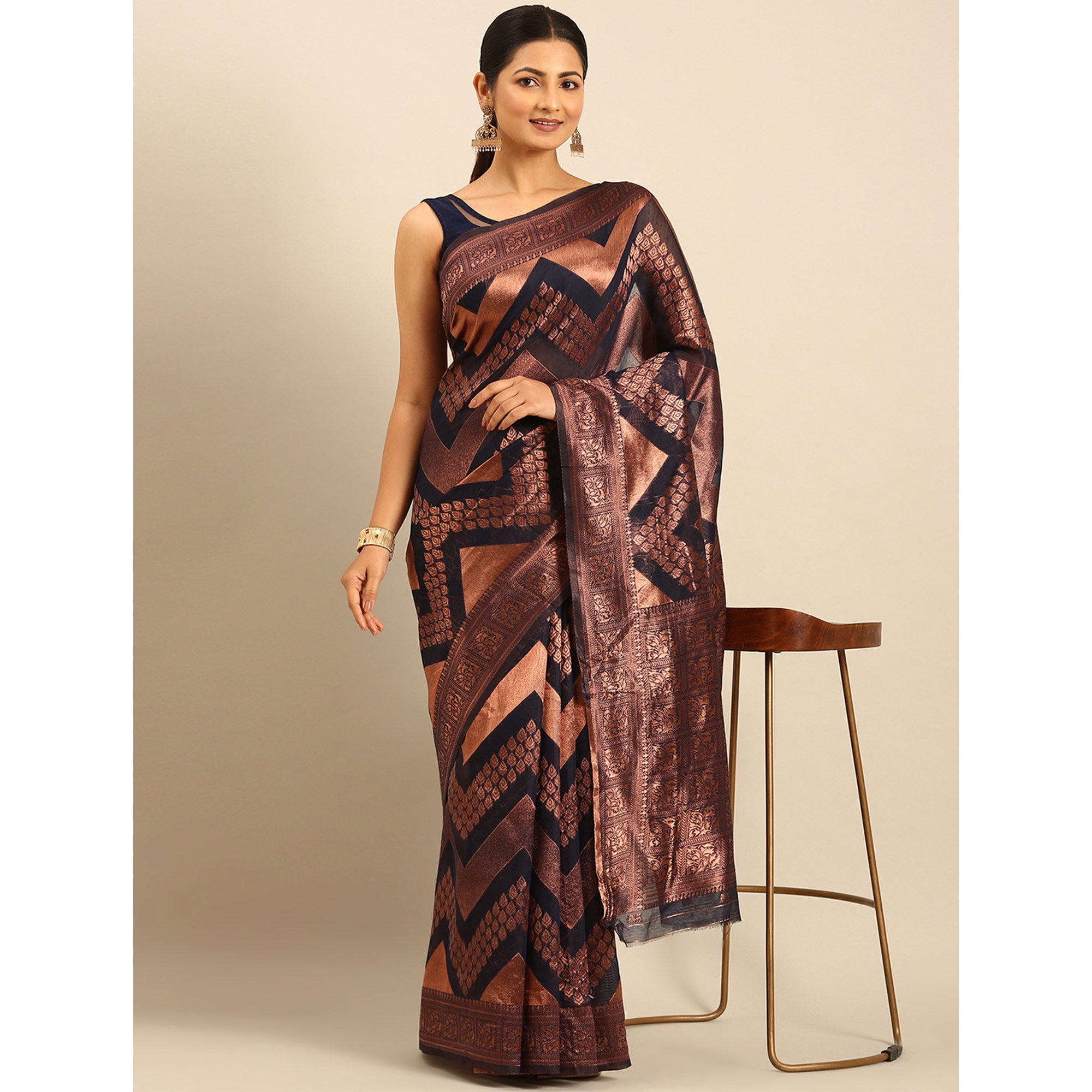 Navy Blue Floral Woven Cotton Silk Saree