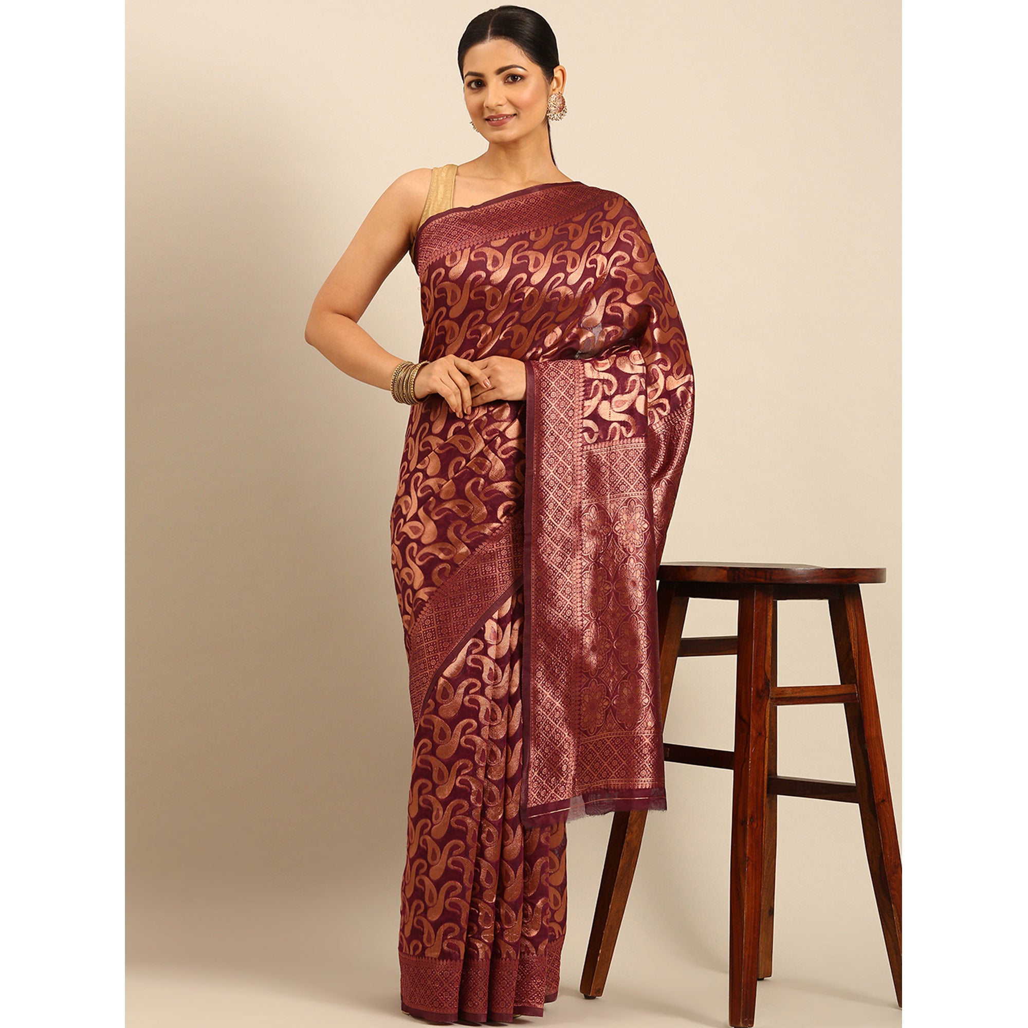 Wine Floral Woven Cotton Silk Saree