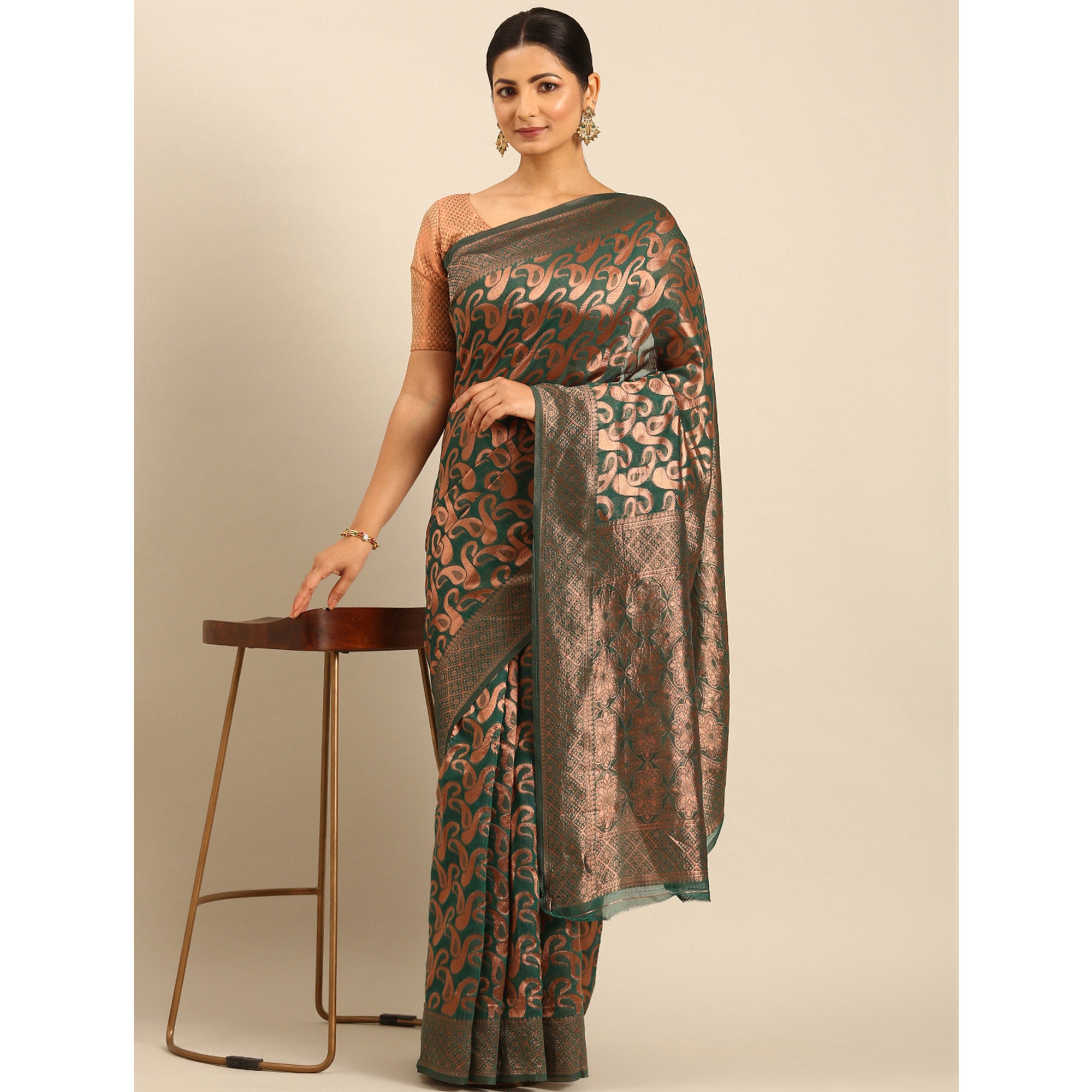 Green Floral Woven Cotton Silk Saree