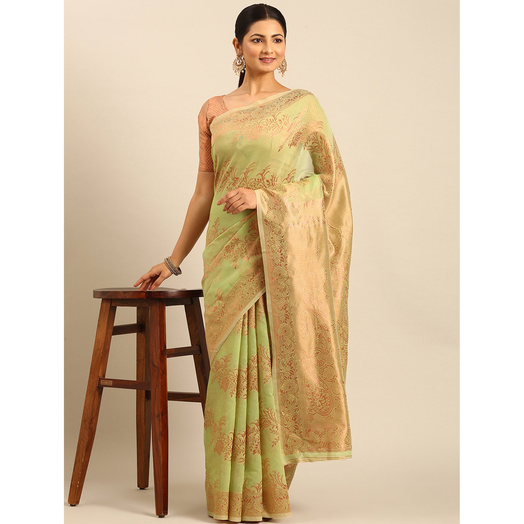 Green Floral Woven Cotton Silk Saree