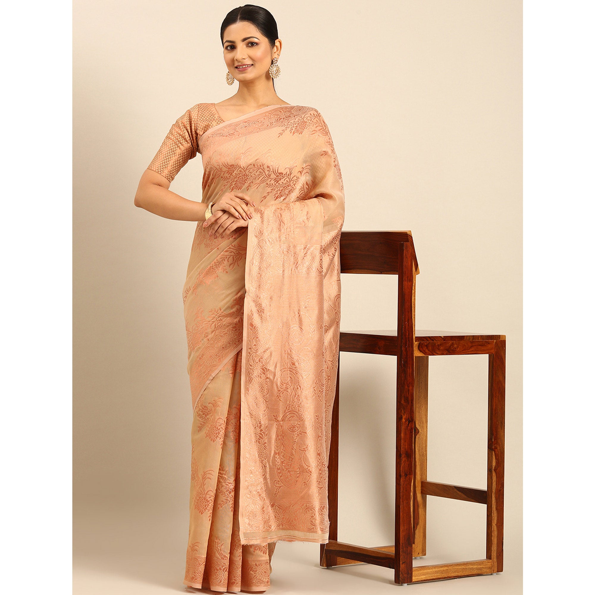 Beige Floral Woven Cotton Silk Saree