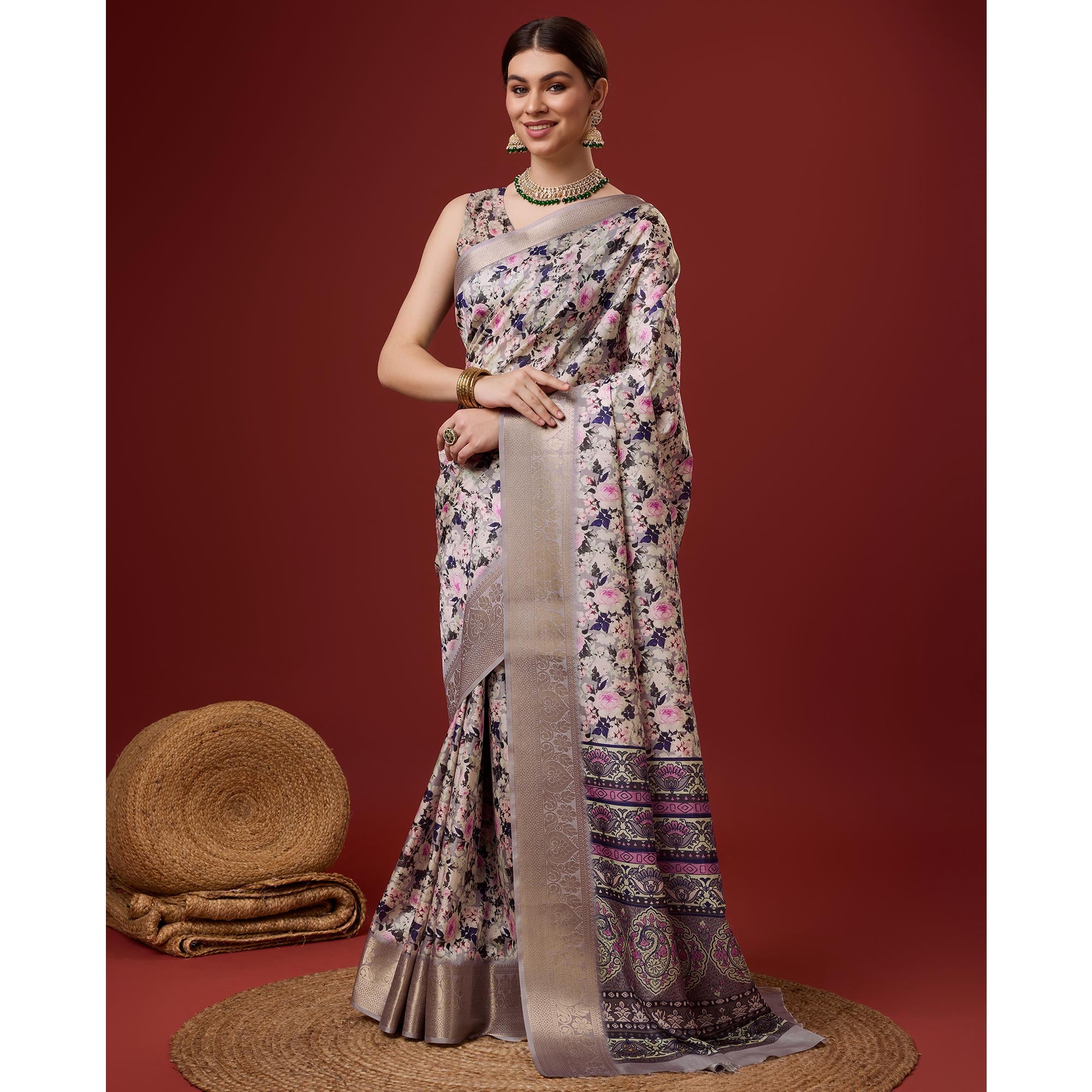 Grey Digital Printed Cotton Silk Saree With Border