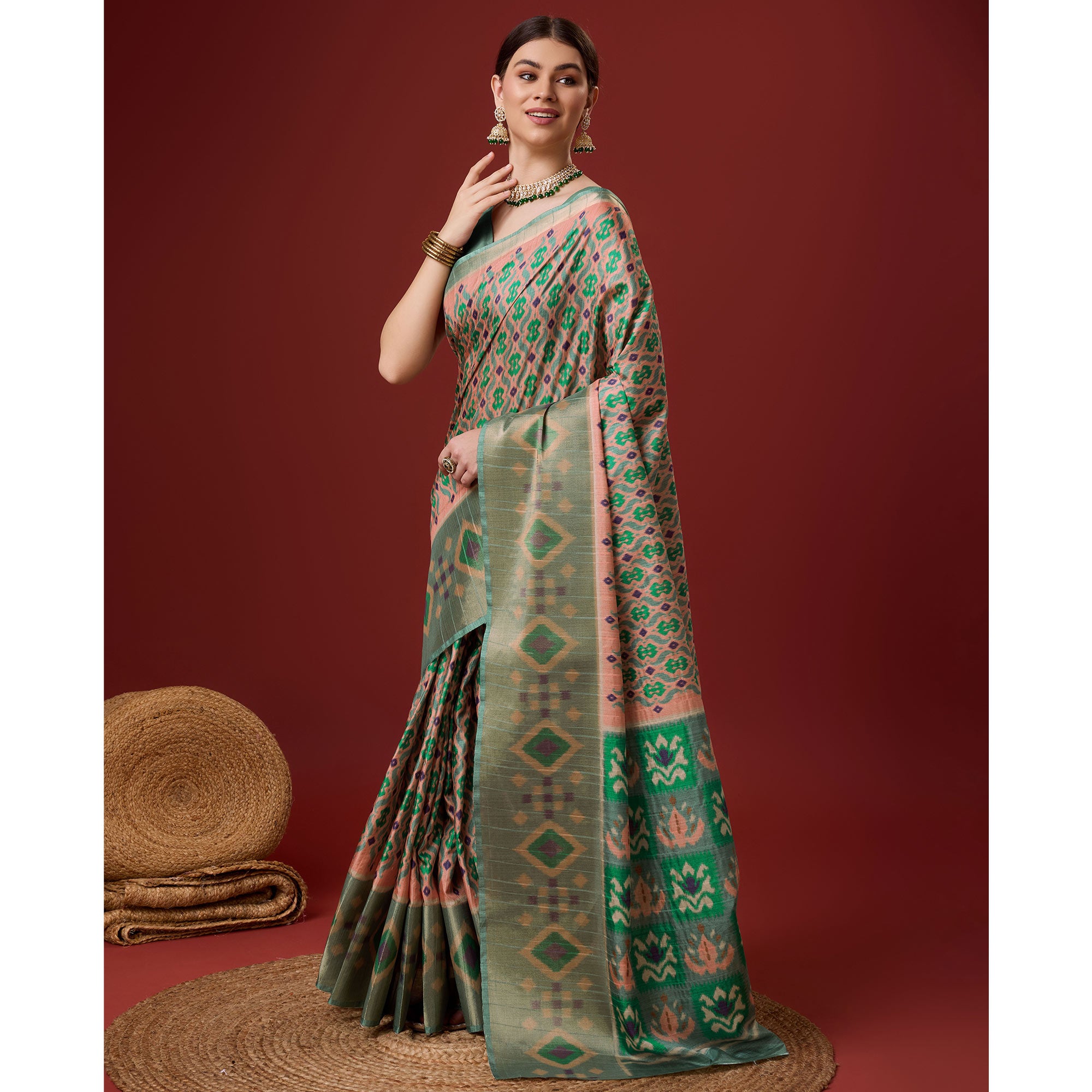 Peach Digital Printed Cotton Silk Saree With Border