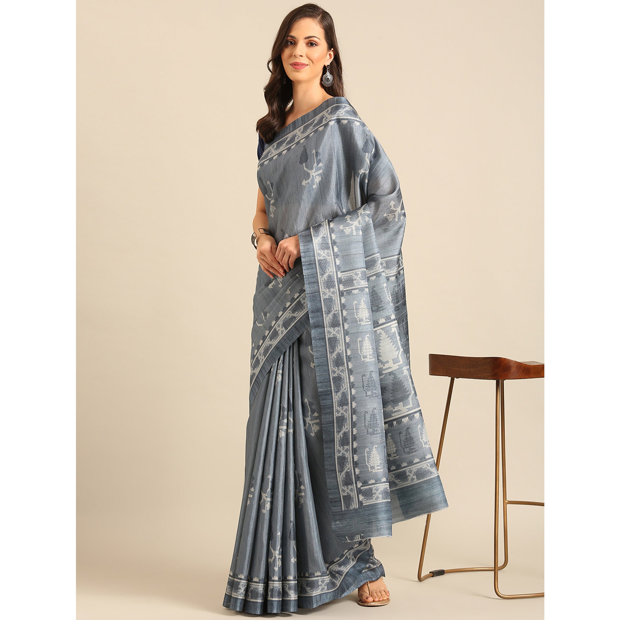 Grey Digital Print Cotton Blend Saree