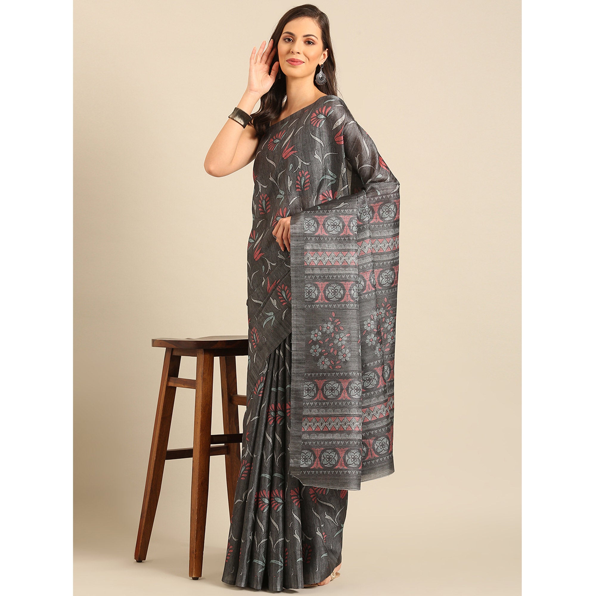 Grey Floral Digital Printed Cotton Blend Saree