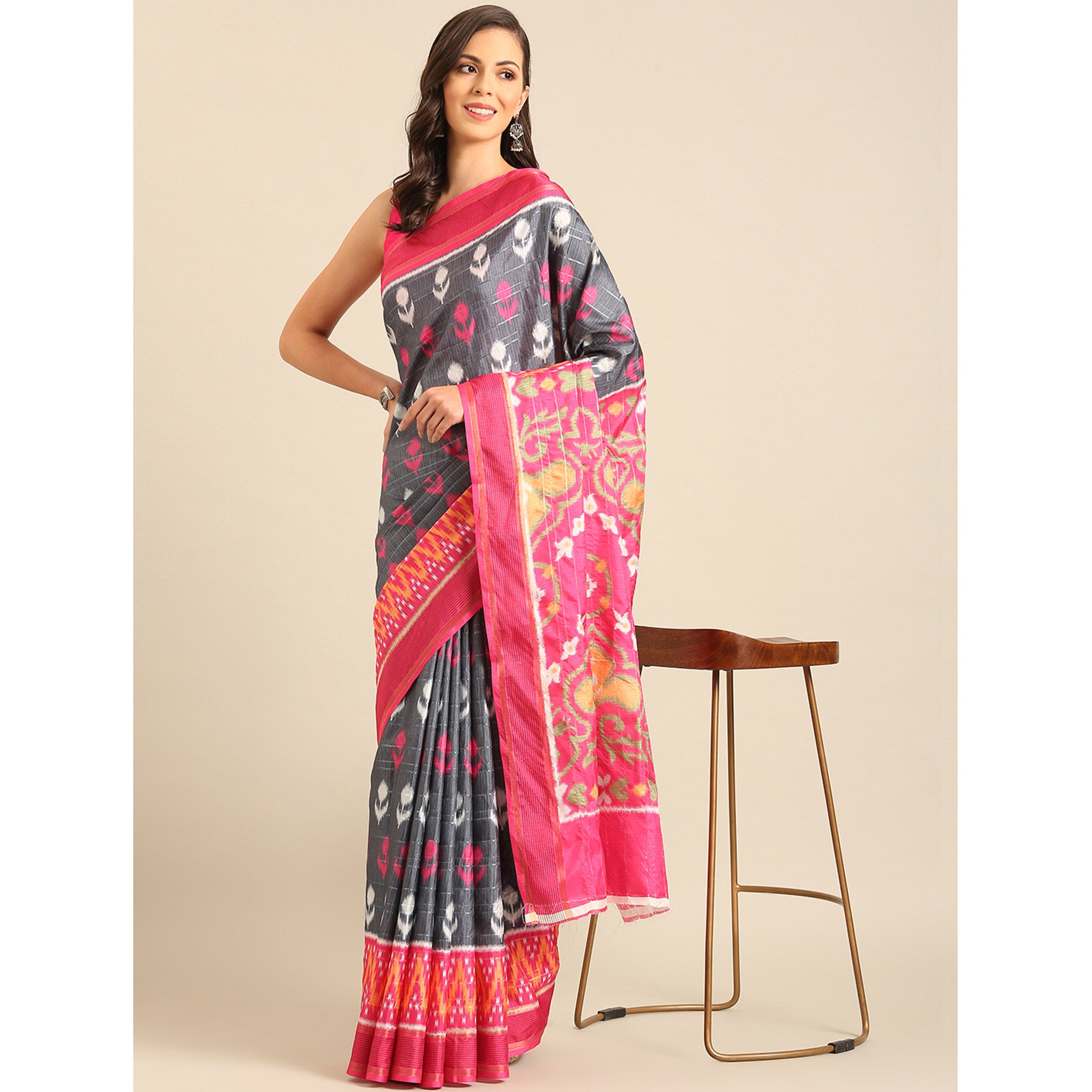 Grey Digital Patola Printed Cotton Blend Saree