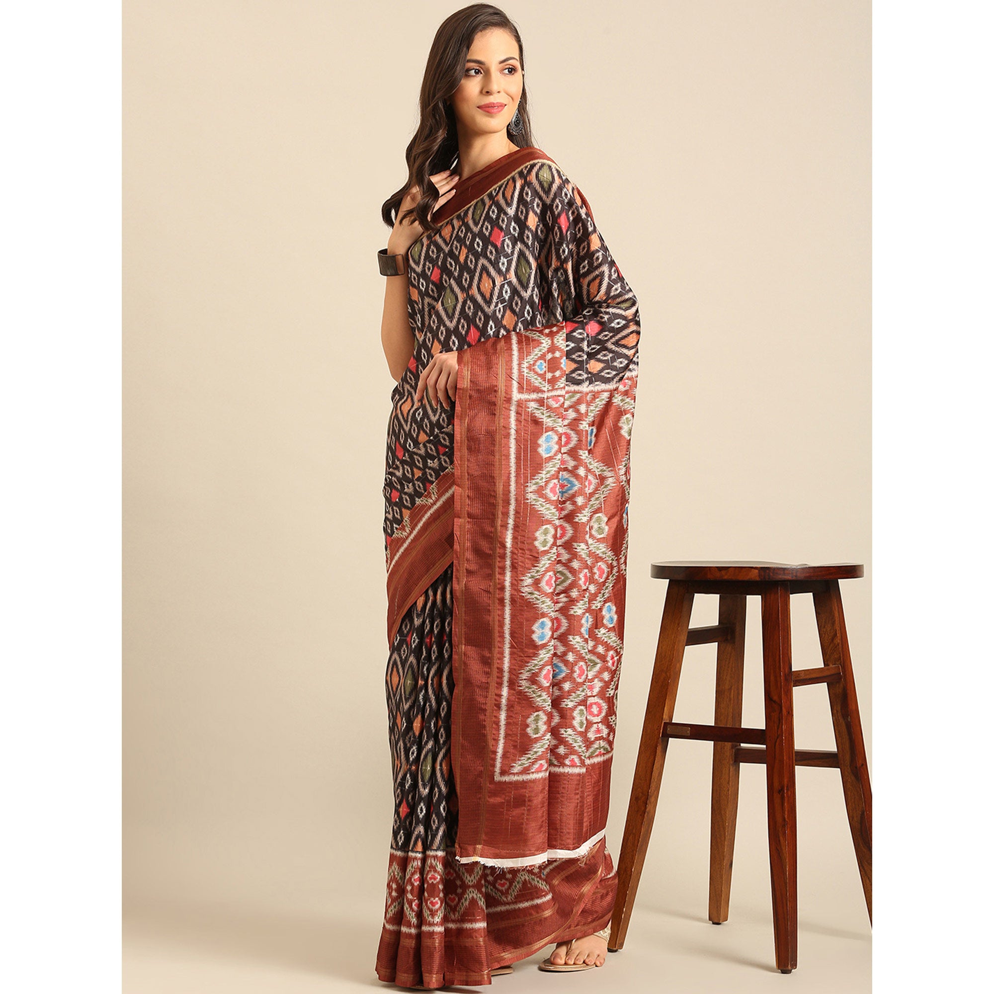 Black Digital Patola Printed Cotton Blend Saree