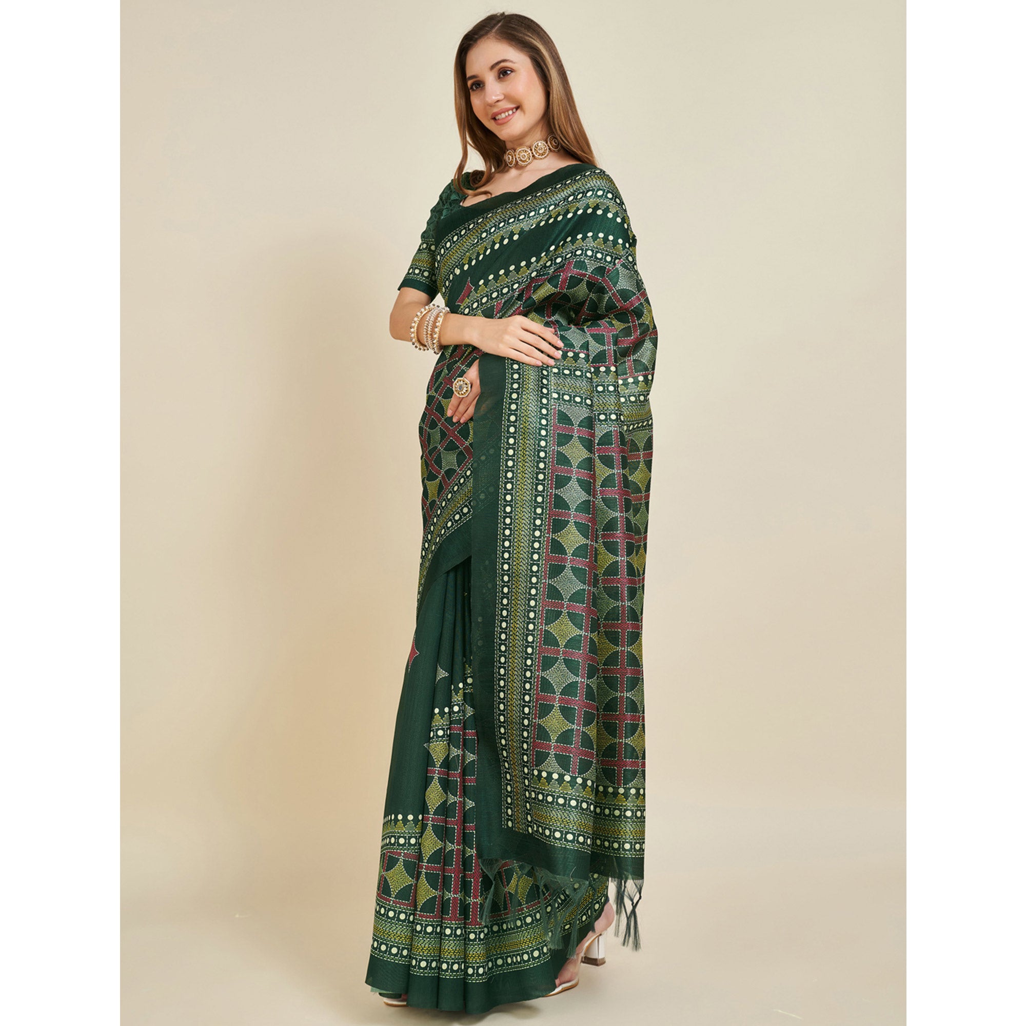 Green Digital Printed Bhagalpuri Silk Saree With Tassels