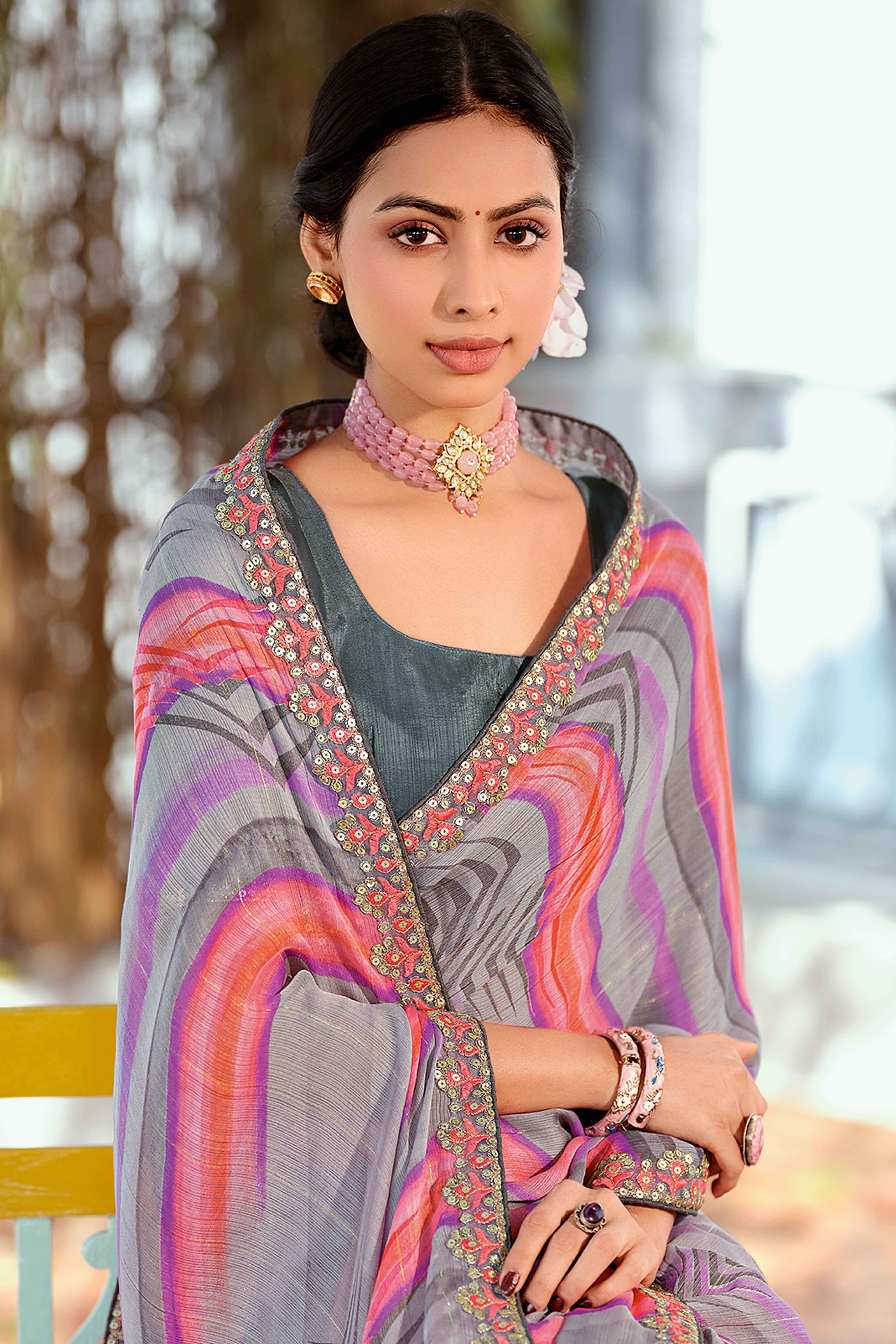 Festive Lilac Purple Georgette Saree with Dazzling Sequin Work Border