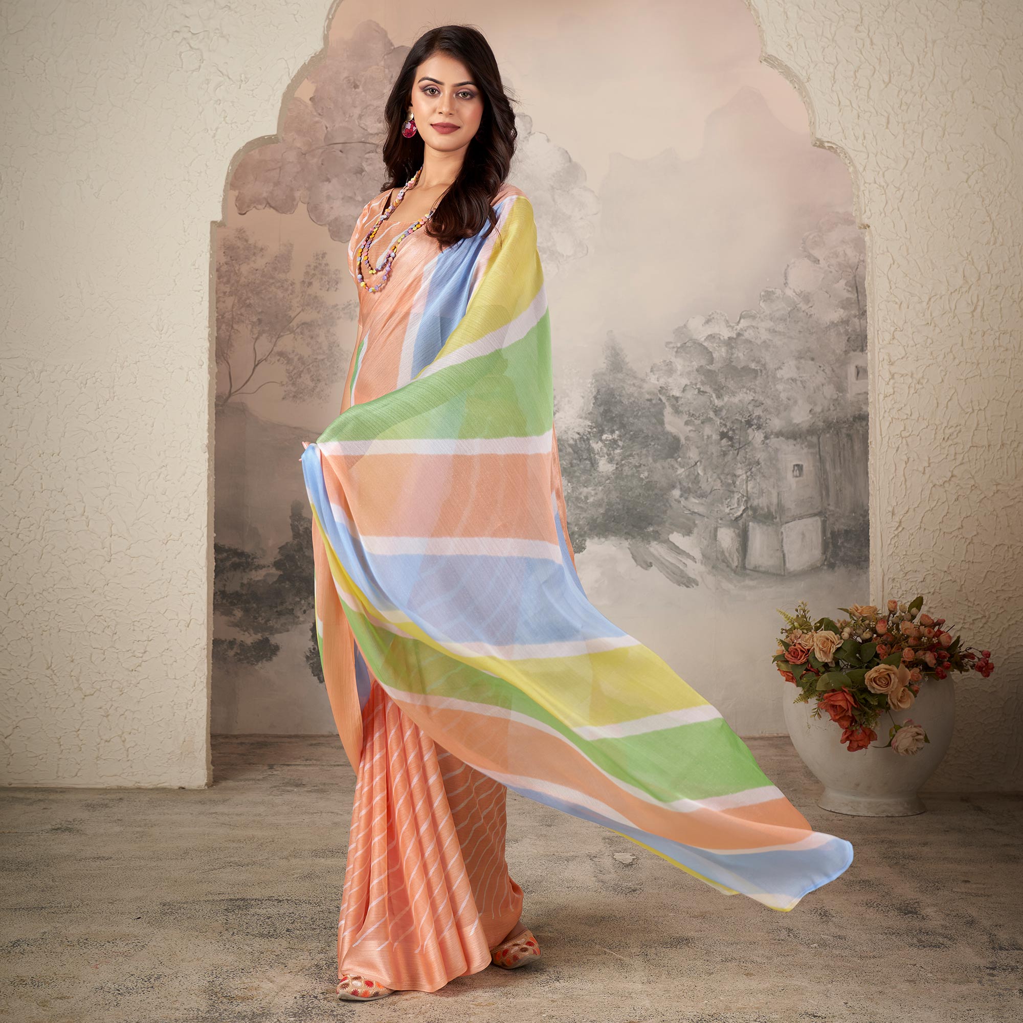 Orange Printed Chiffon Saree