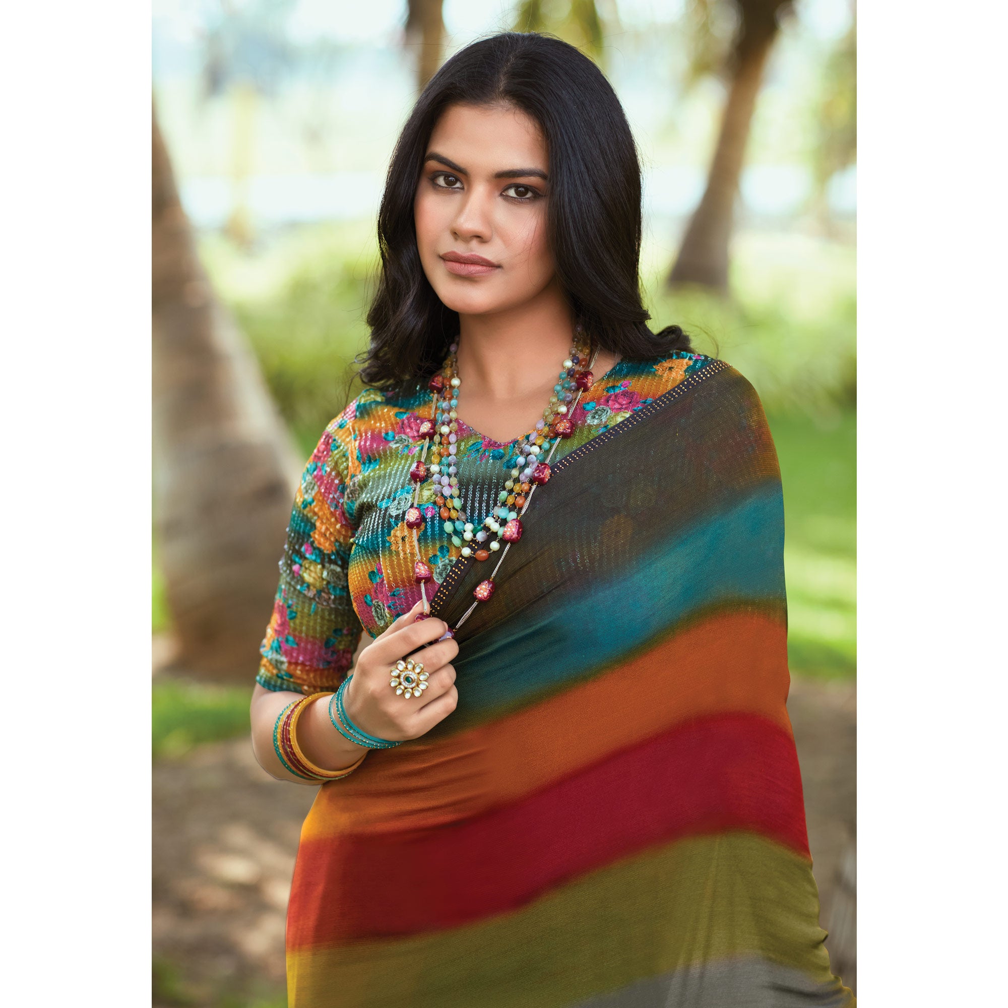 Multicolor Striped Printed Chiffon Saree