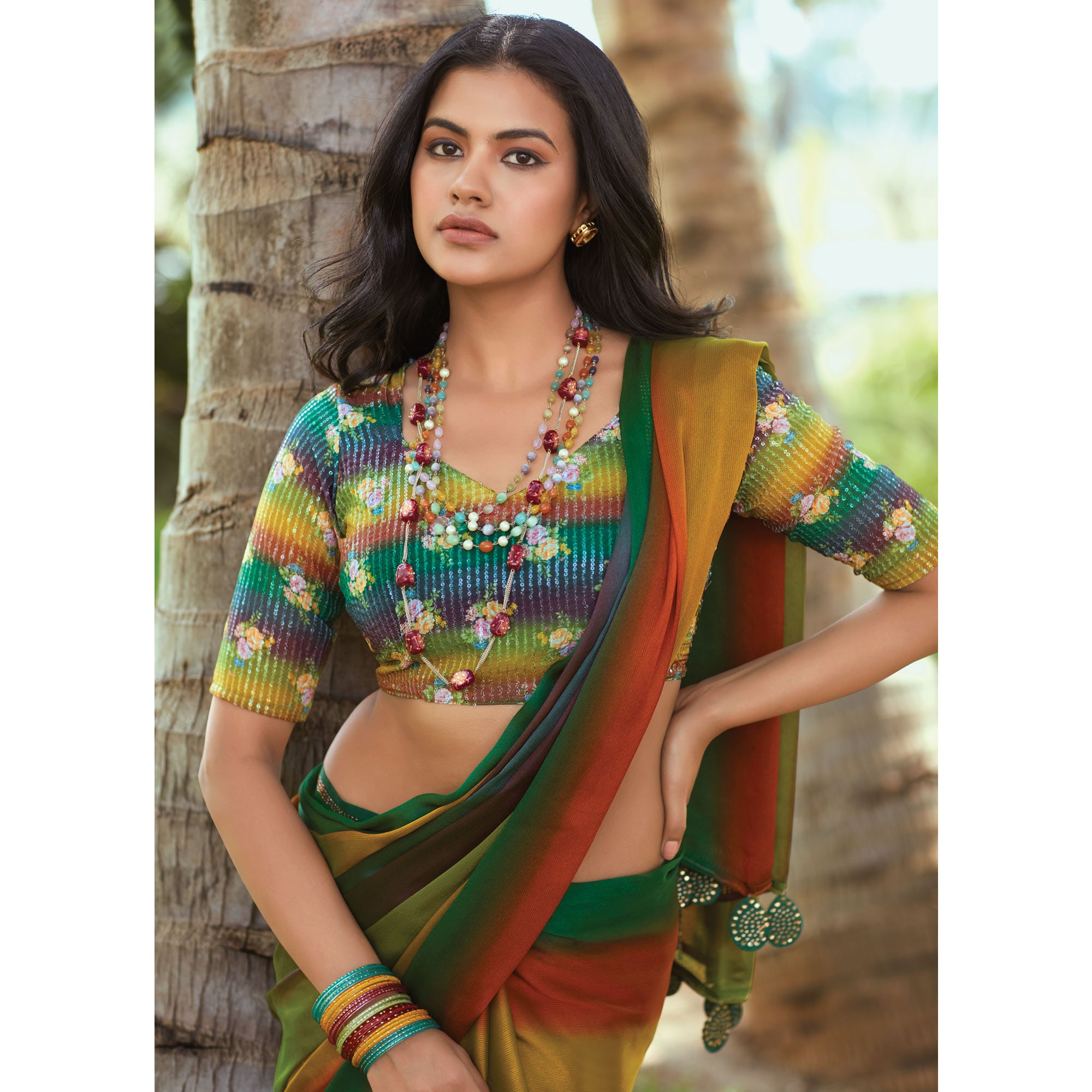 Multicolor Striped Printed Chiffon Saree