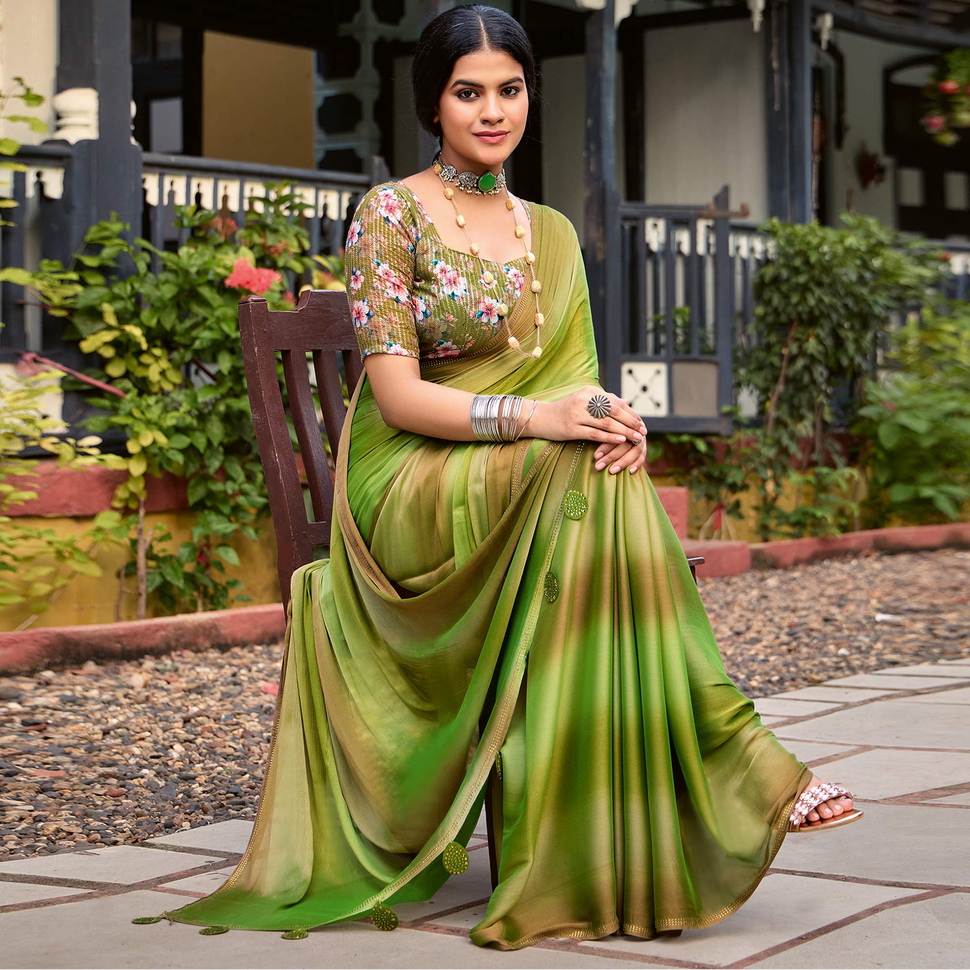 Green Ombre Print Chiffon Sarees