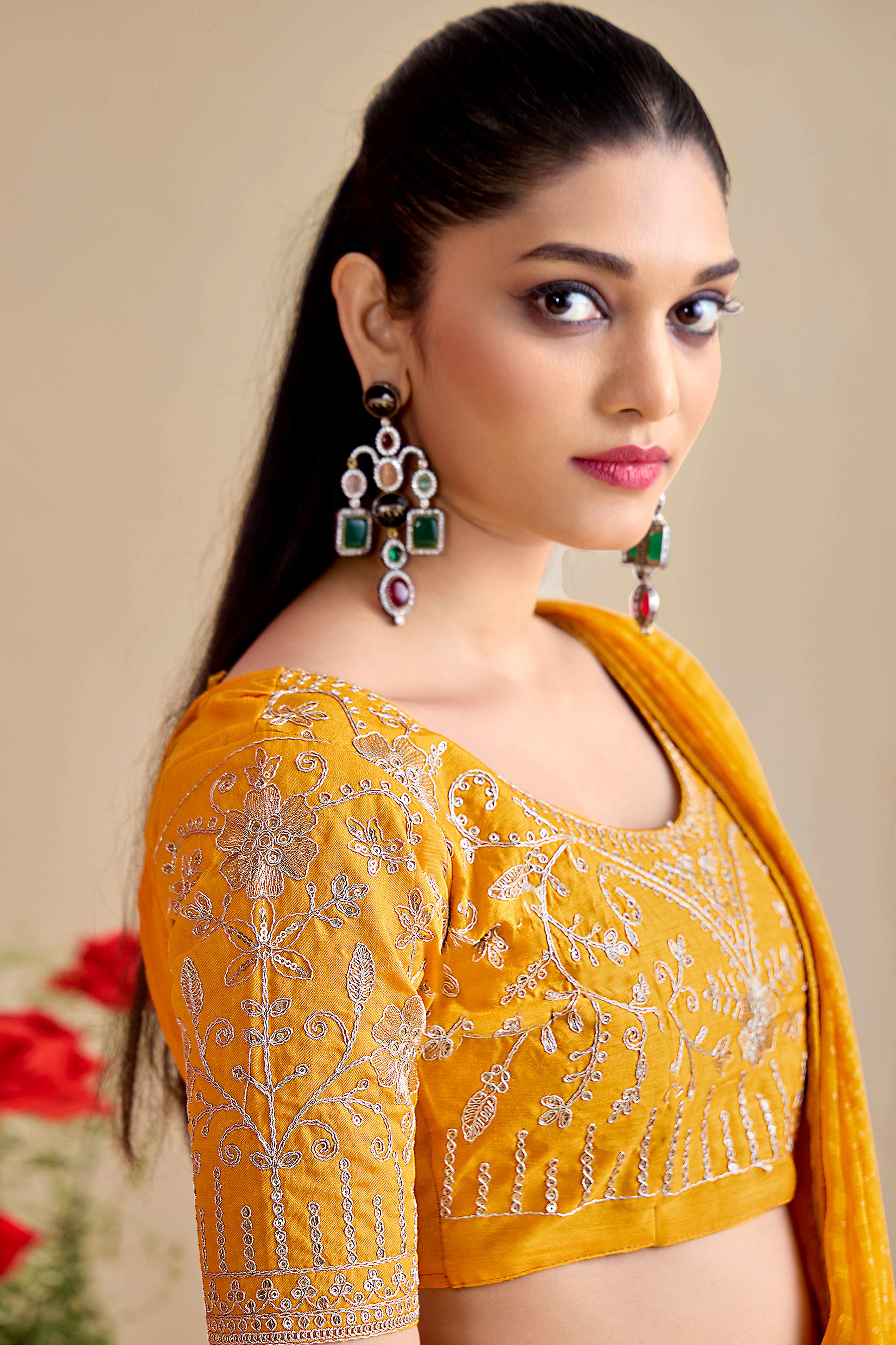 Mustard Bandhani Printed Charm In Georgette With Sparkling Sequin Embroidered Border