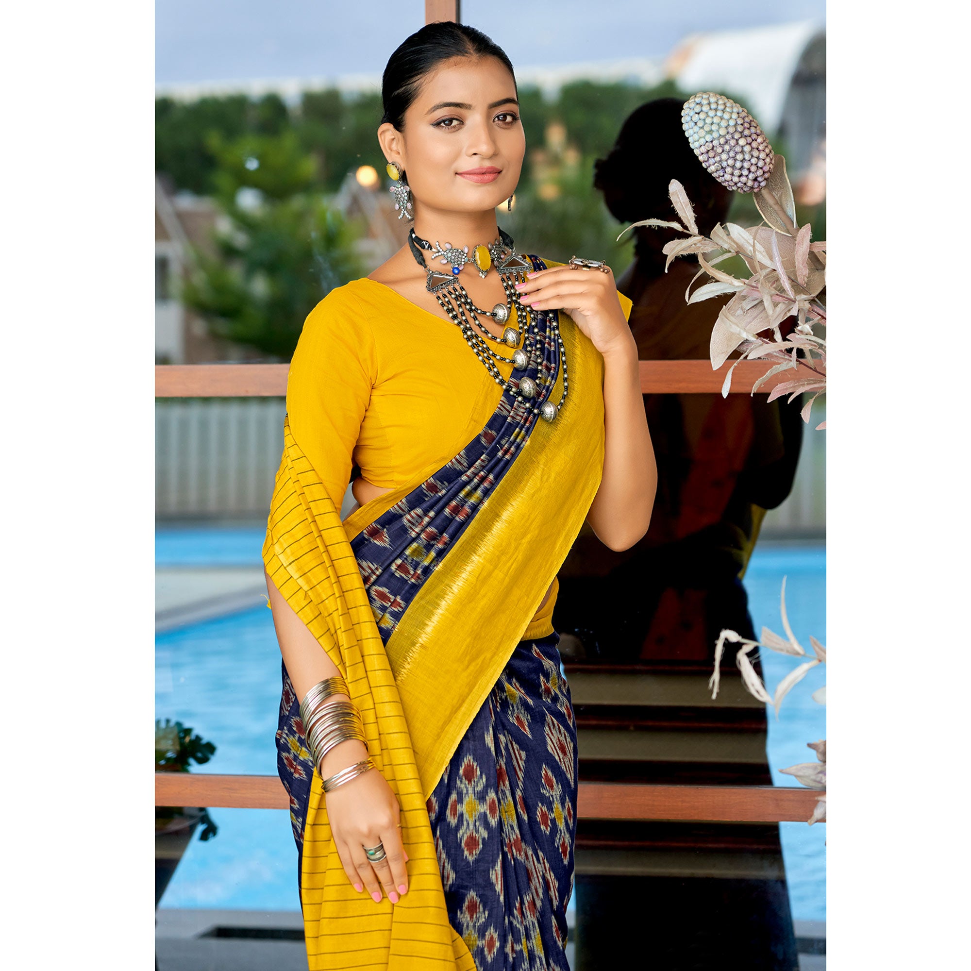Blue & Mustard Ikkat Printed Mulmul Cotton Saree